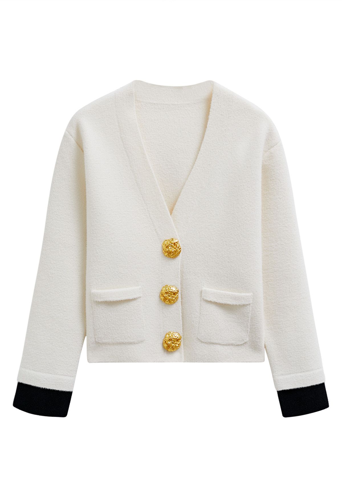 Eye-Catching Golden Stud Button Contrast Knit Cardigan in Ivory