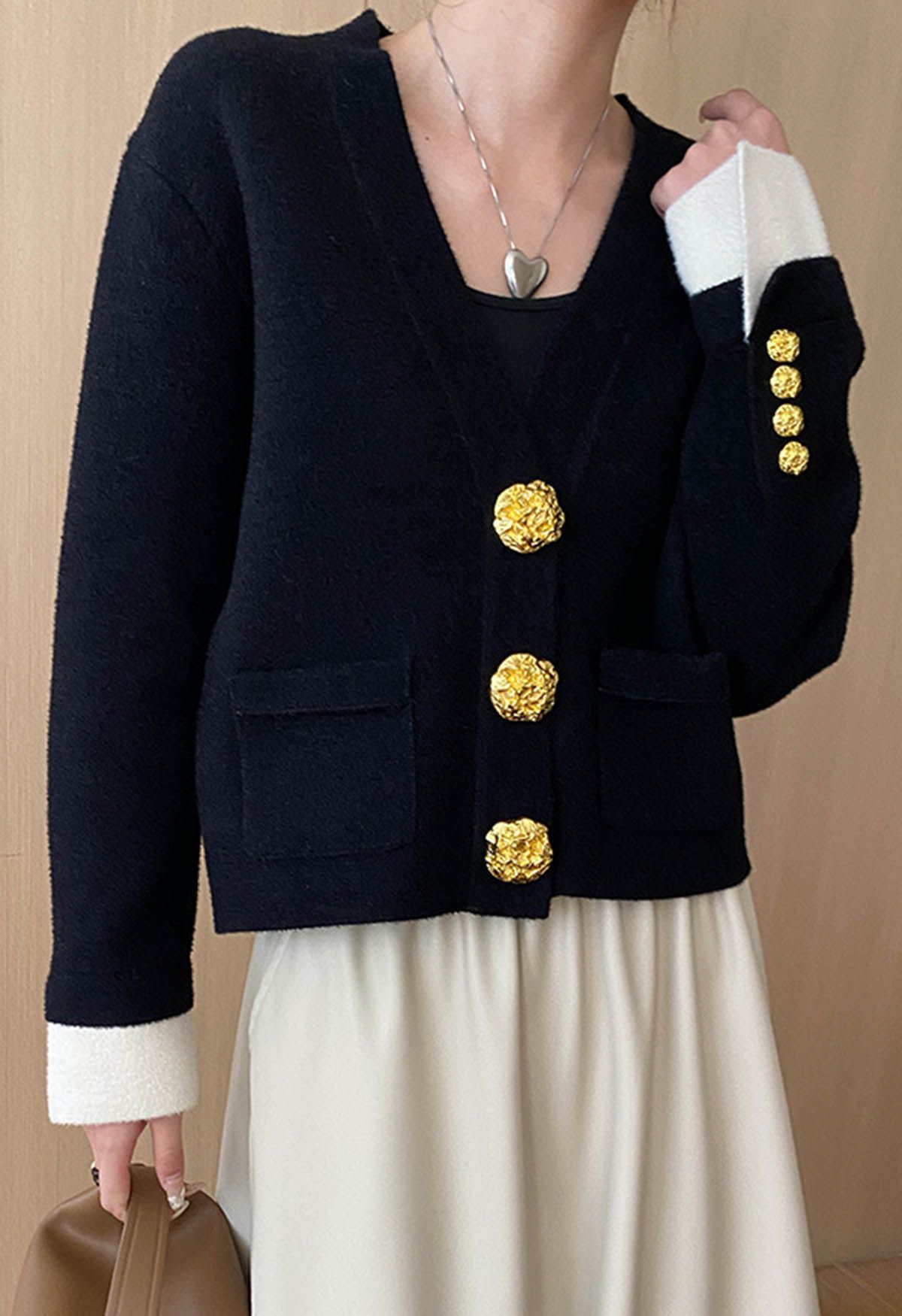 Eye-Catching Golden Stud Button Contrast Knit Cardigan in Black