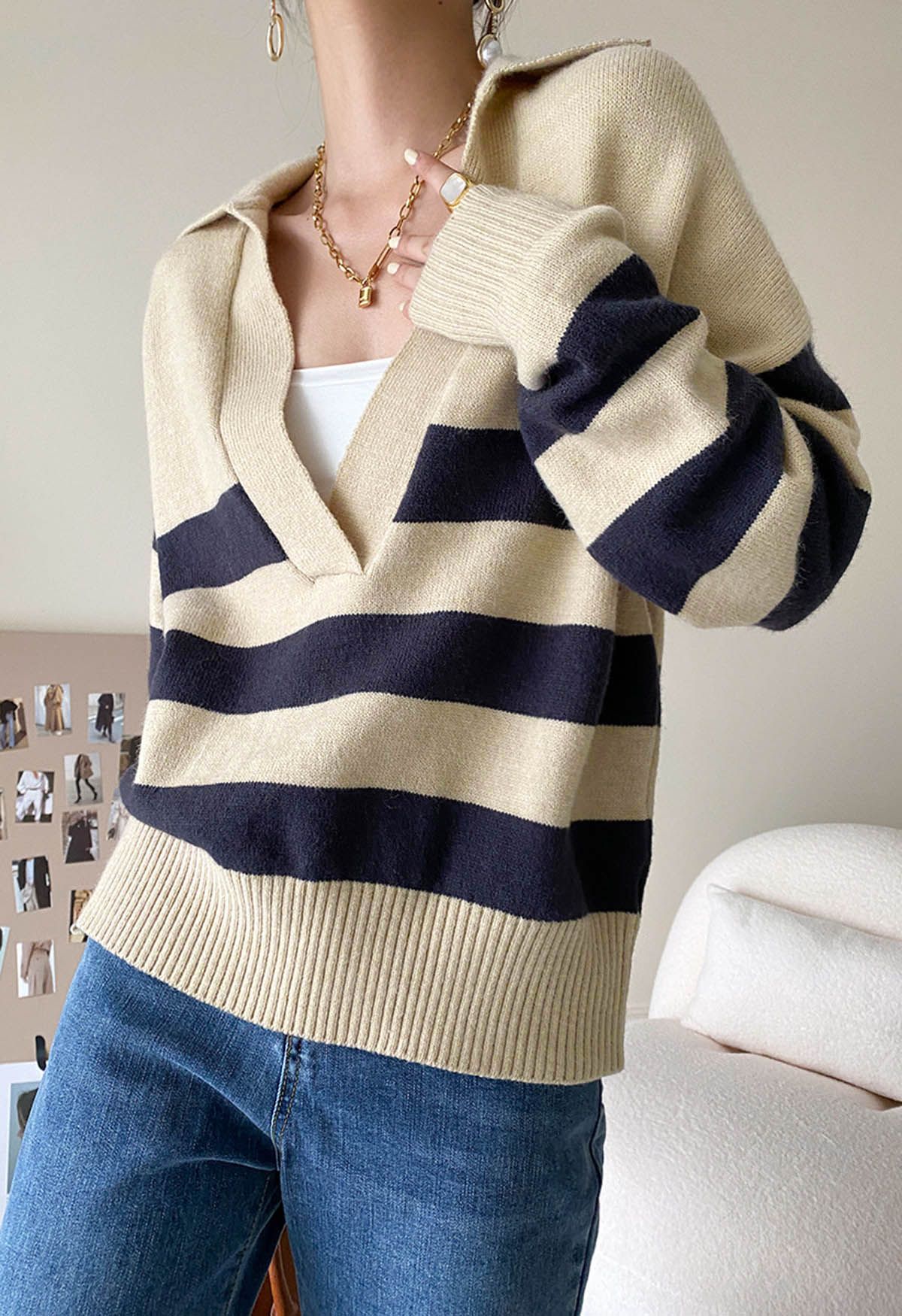 Casual Stripe V-Neck Knit Sweater