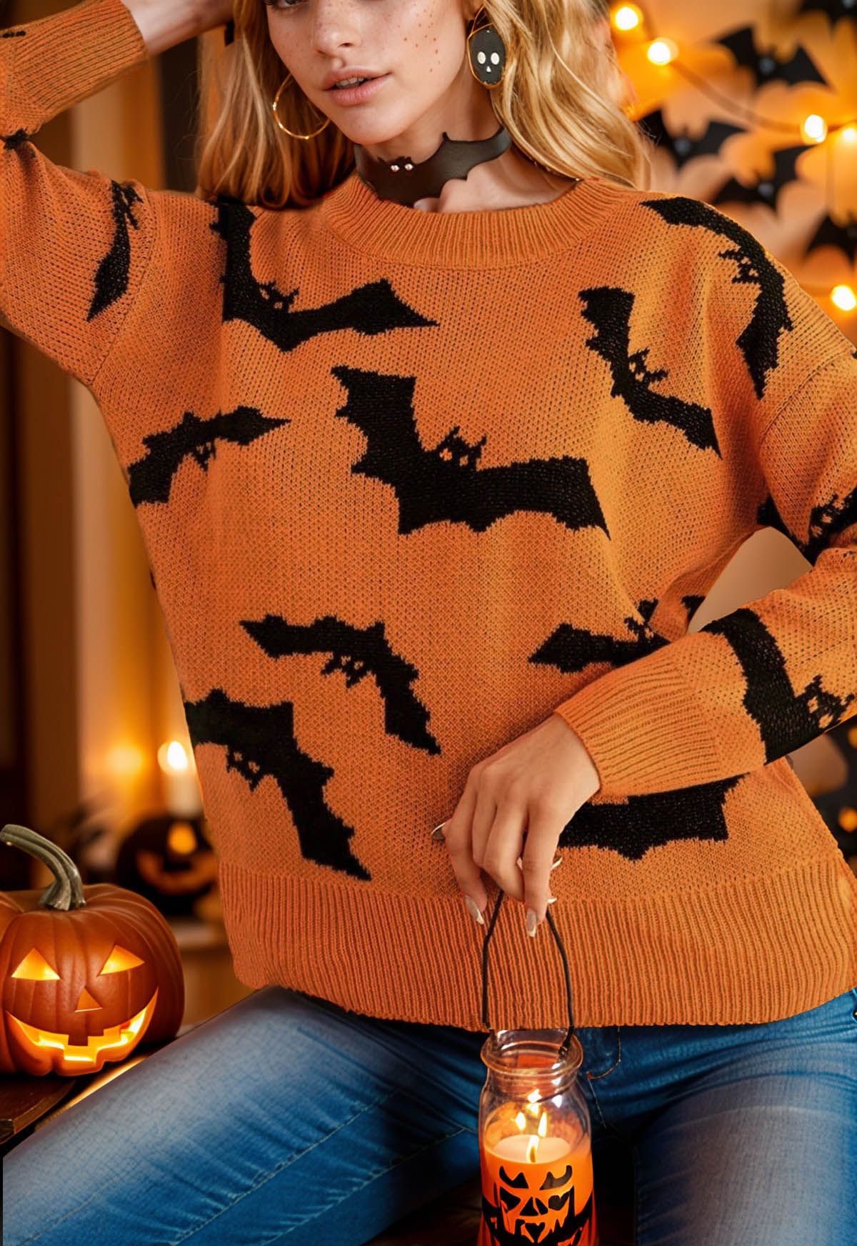 Spooky Bats Pattern Long-Sleeve Knit Sweater