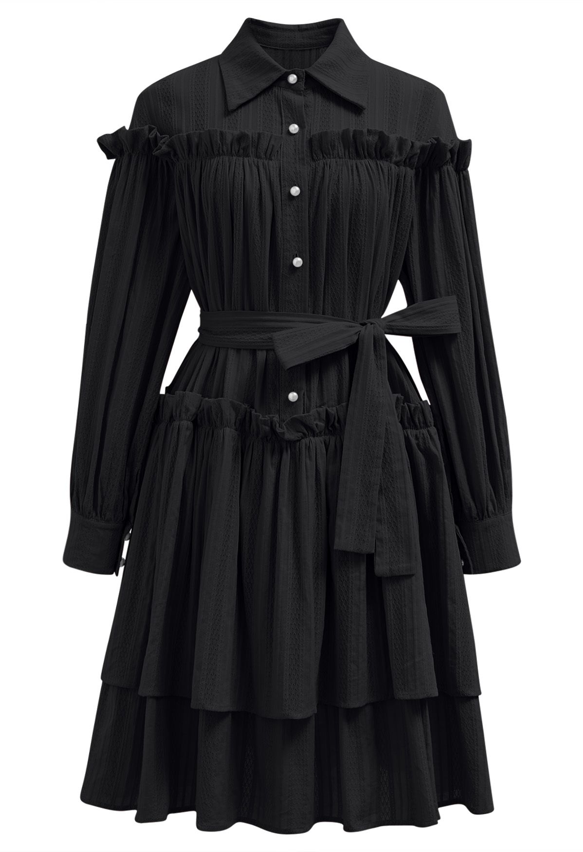 Ruffles Tiered Buttoned Belted Dolly Dress in Black