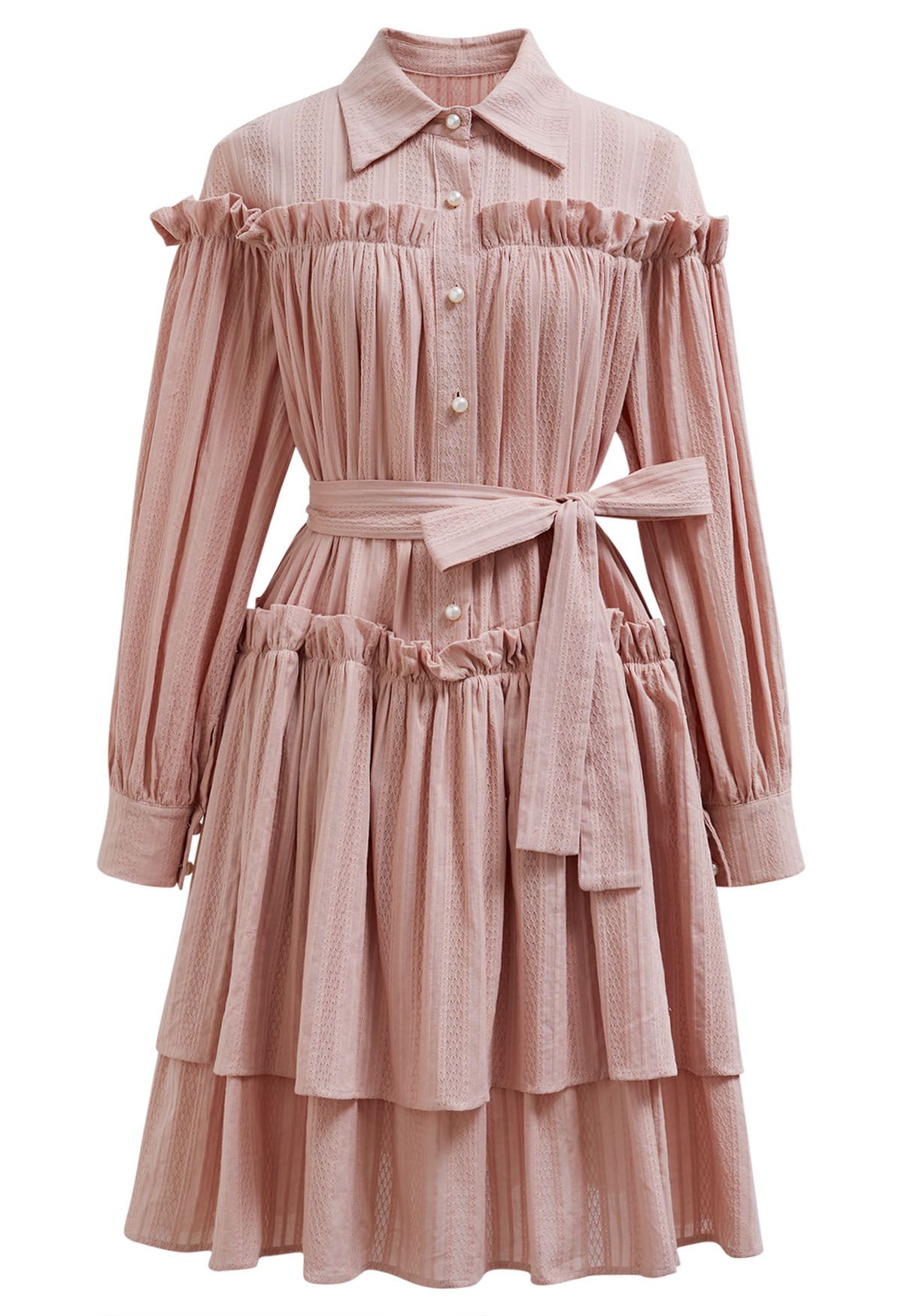 Ruffles Tiered Buttoned Belted Dolly Dress in Pink