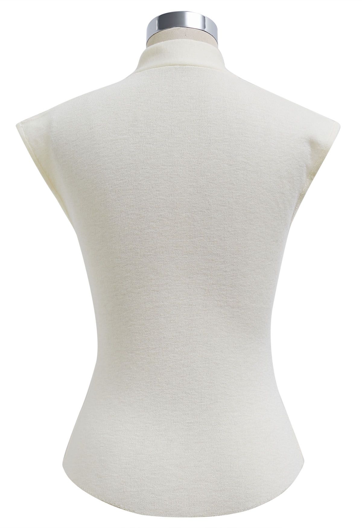 Ribbon-Tied Neckline Cap Sleeve Knit Top in Cream