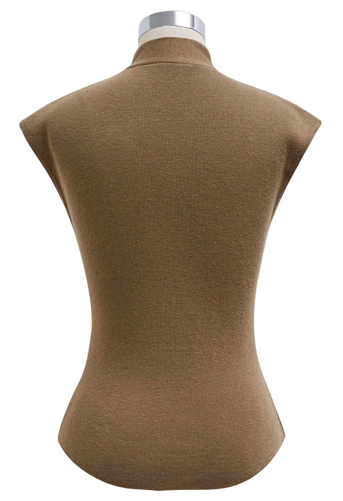 Ribbon-Tied Neckline Cap Sleeve Knit Top in Tan