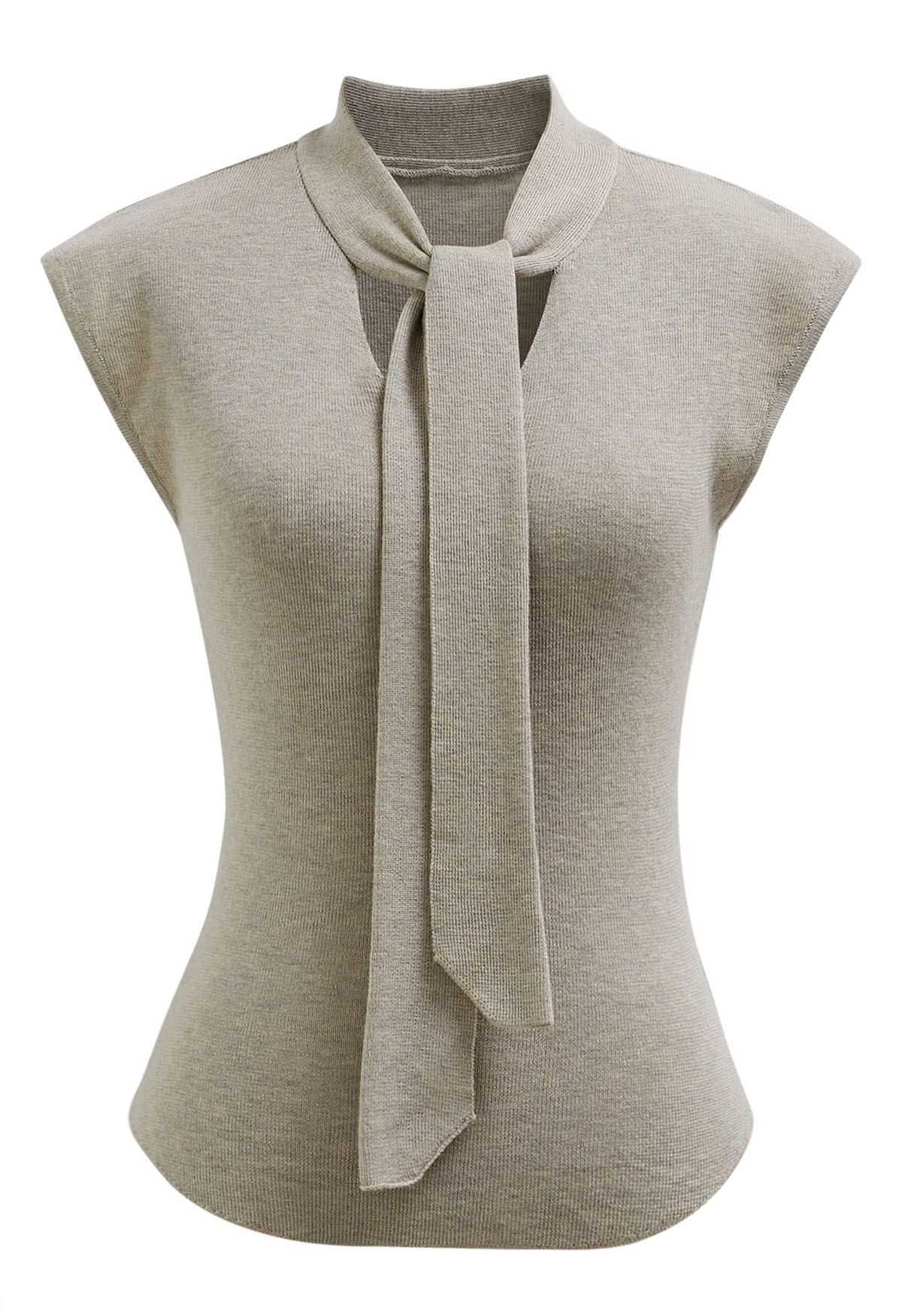 Ribbon-Tied Neckline Cap Sleeve Knit Top in Linen