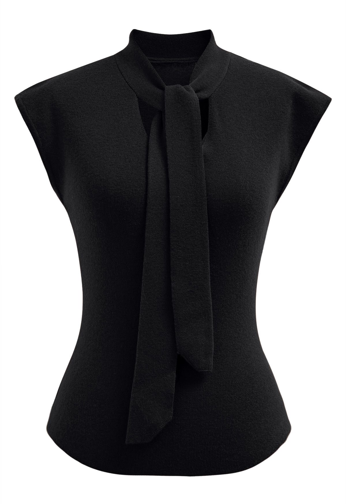 Ribbon-Tied Neckline Cap Sleeve Knit Top in Black