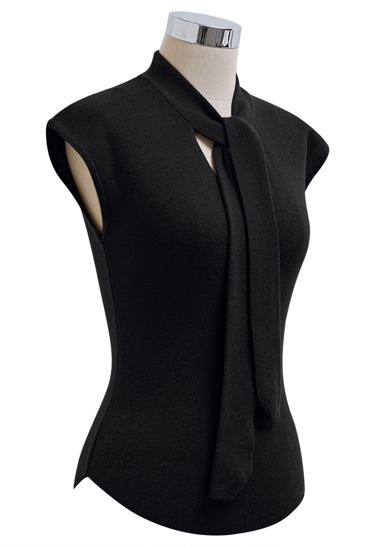 Ribbon-Tied Neckline Cap Sleeve Knit Top in Black