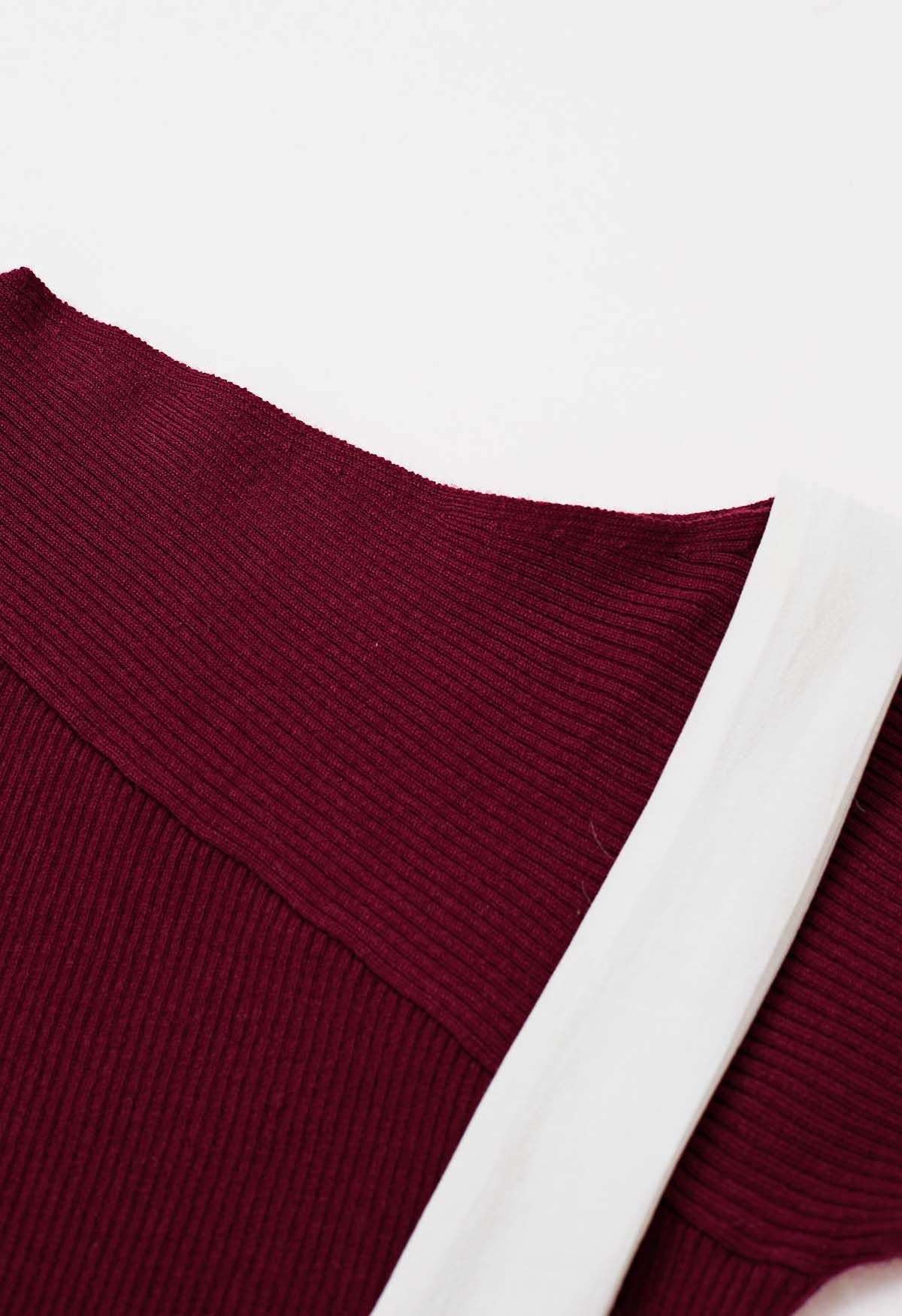 Sheer Tie-Strap One Shoulder Knit Top in Burgundy