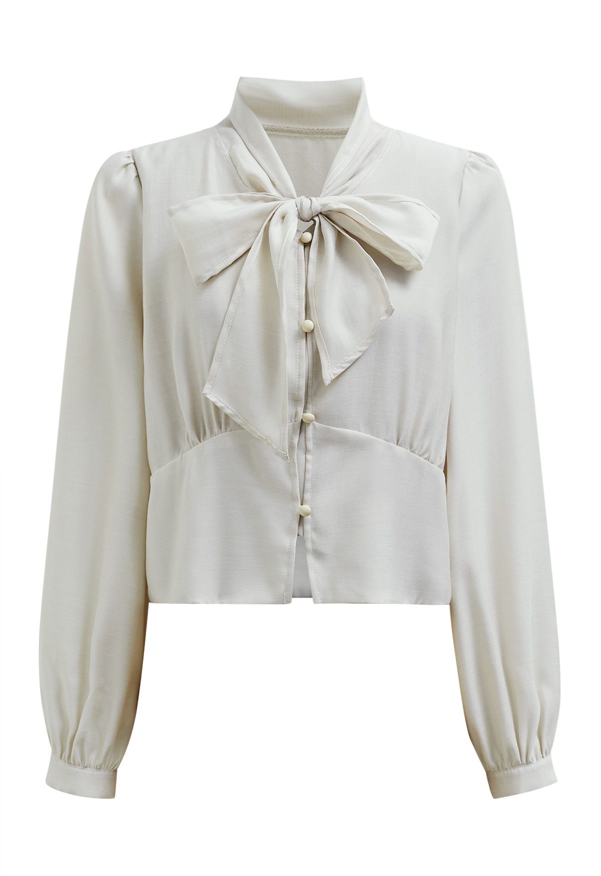 Bowknot Neck Buttoned Crop Shirt in Ivory