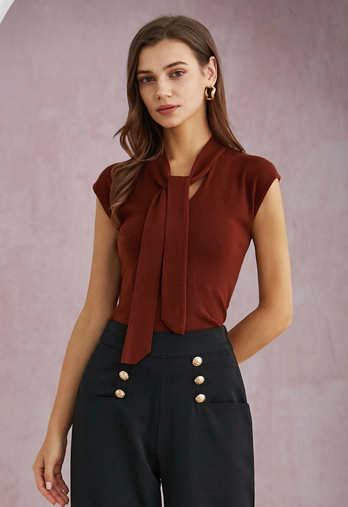 Ribbon-Tied Neckline Cap Sleeve Knit Top in Burgundy