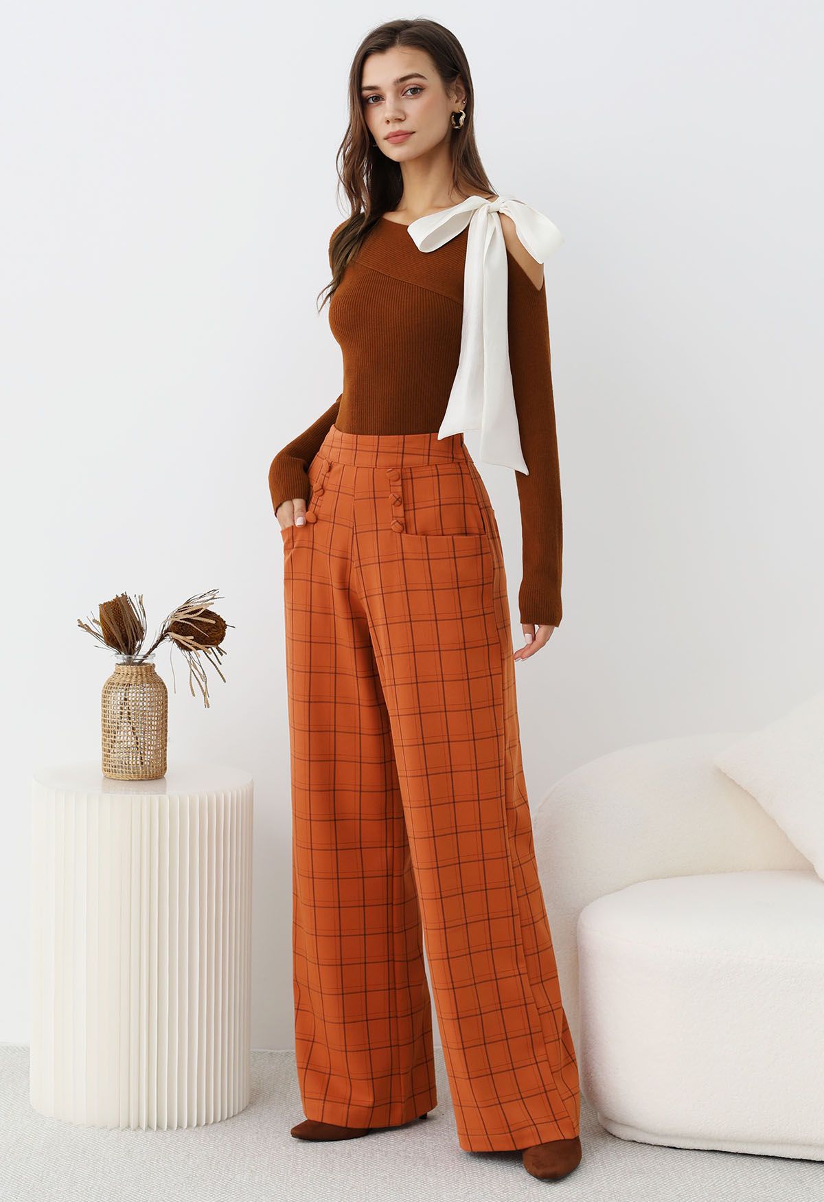 Grid Print Button Decor Straight-Leg Pants in Orange