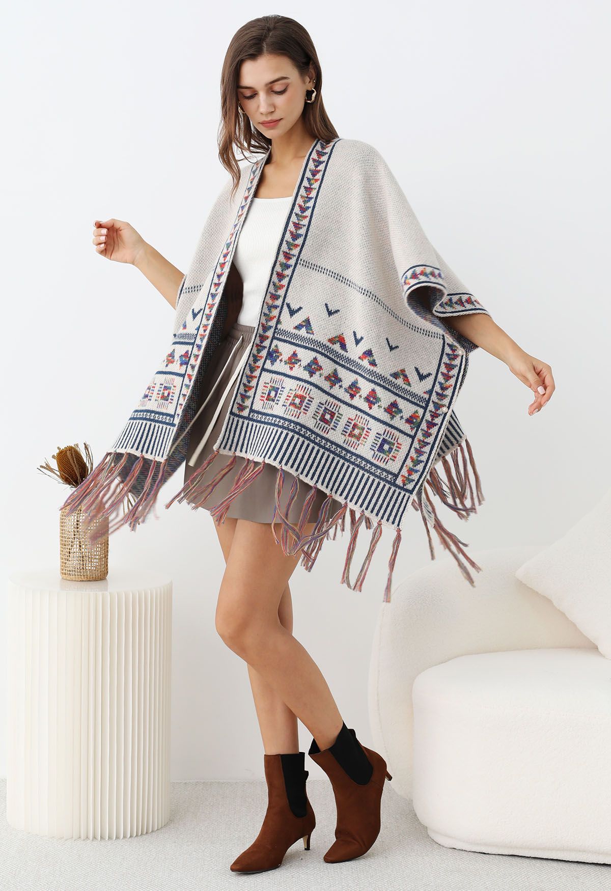 Boho Wanderer Fringed Knit Poncho in Ivory