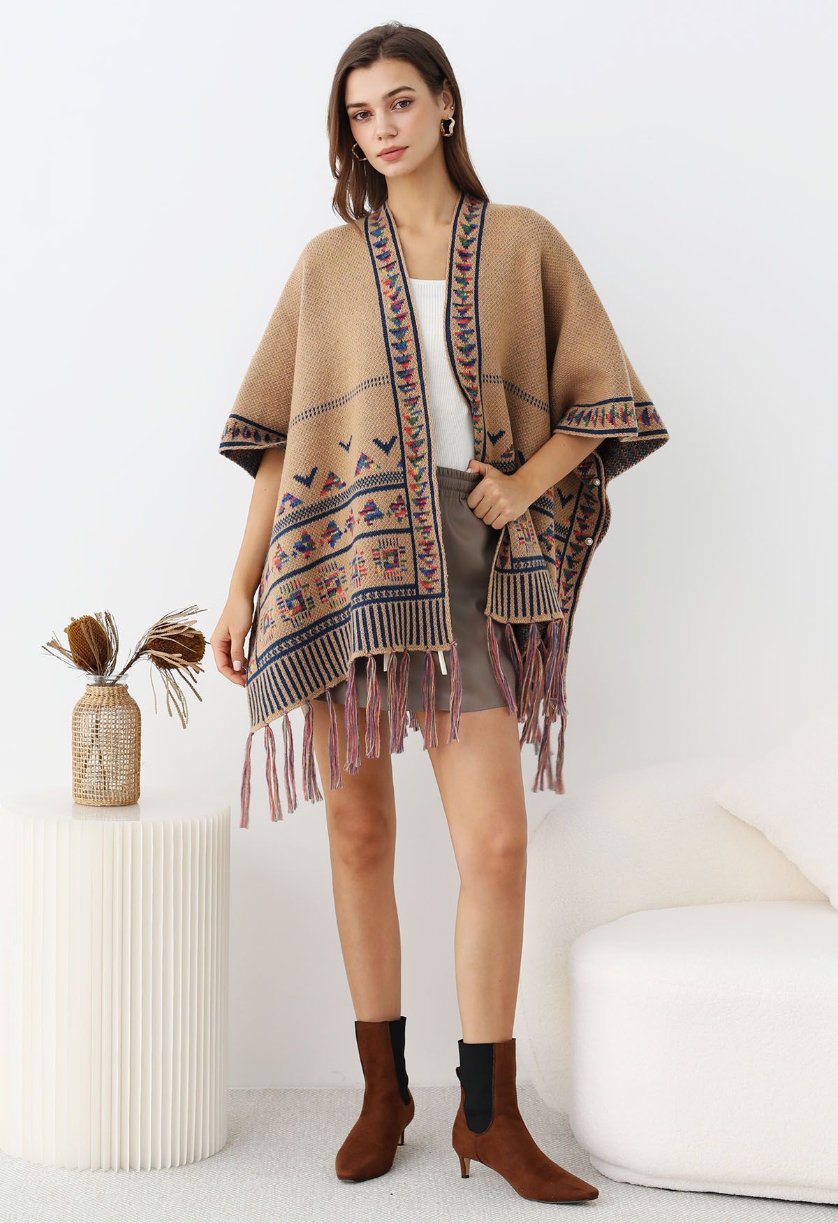 Boho Wanderer Fringed Knit Poncho in Camel