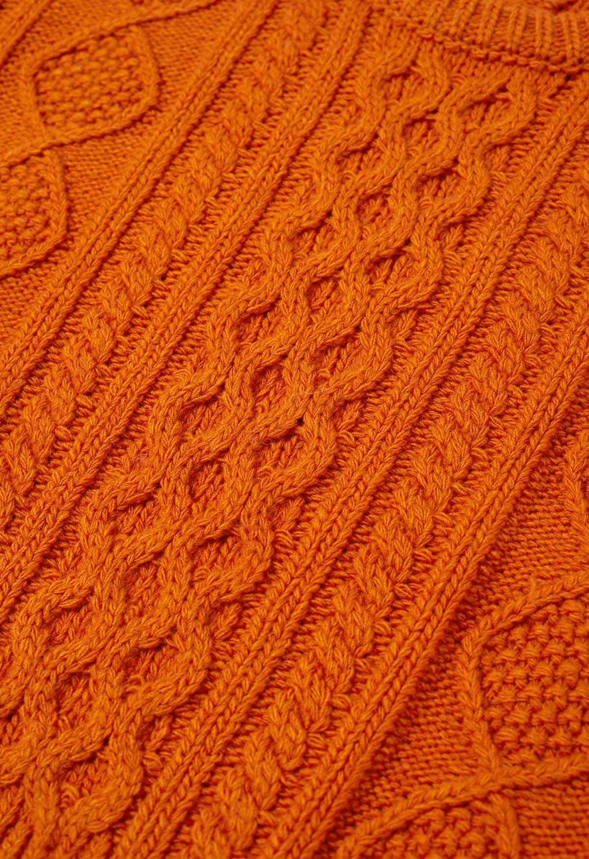 Hug-Me Cable Knit Crewneck Sweater in Pumpkin