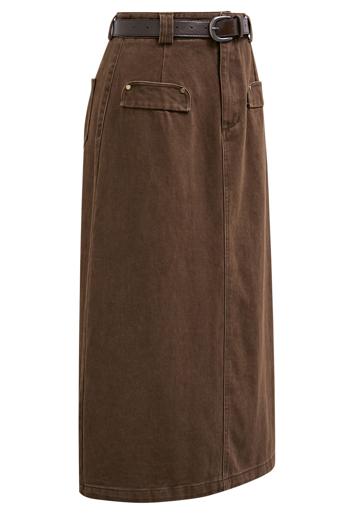 Utility Chic Belted Pocket Trim Denim Skirt in Brown