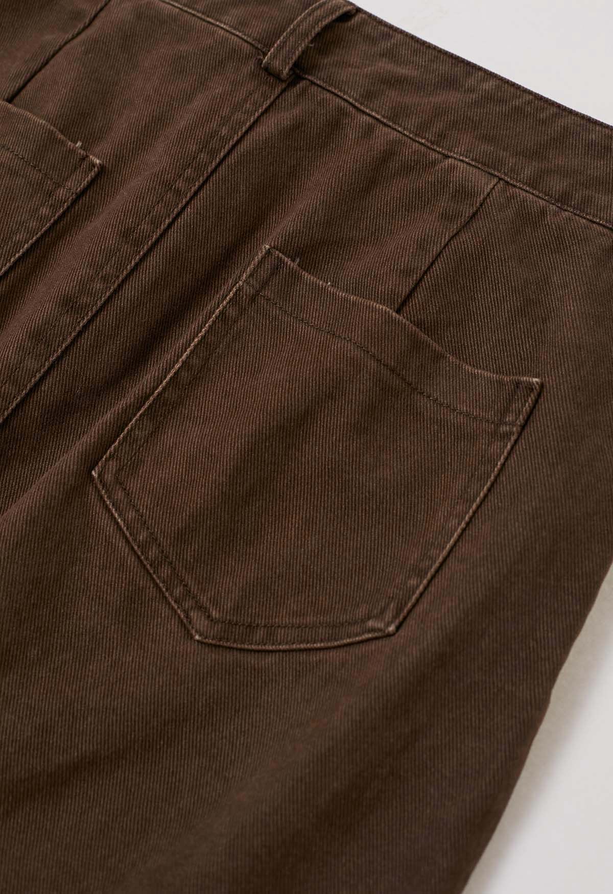 Utility Chic Belted Pocket Trim Denim Skirt in Brown