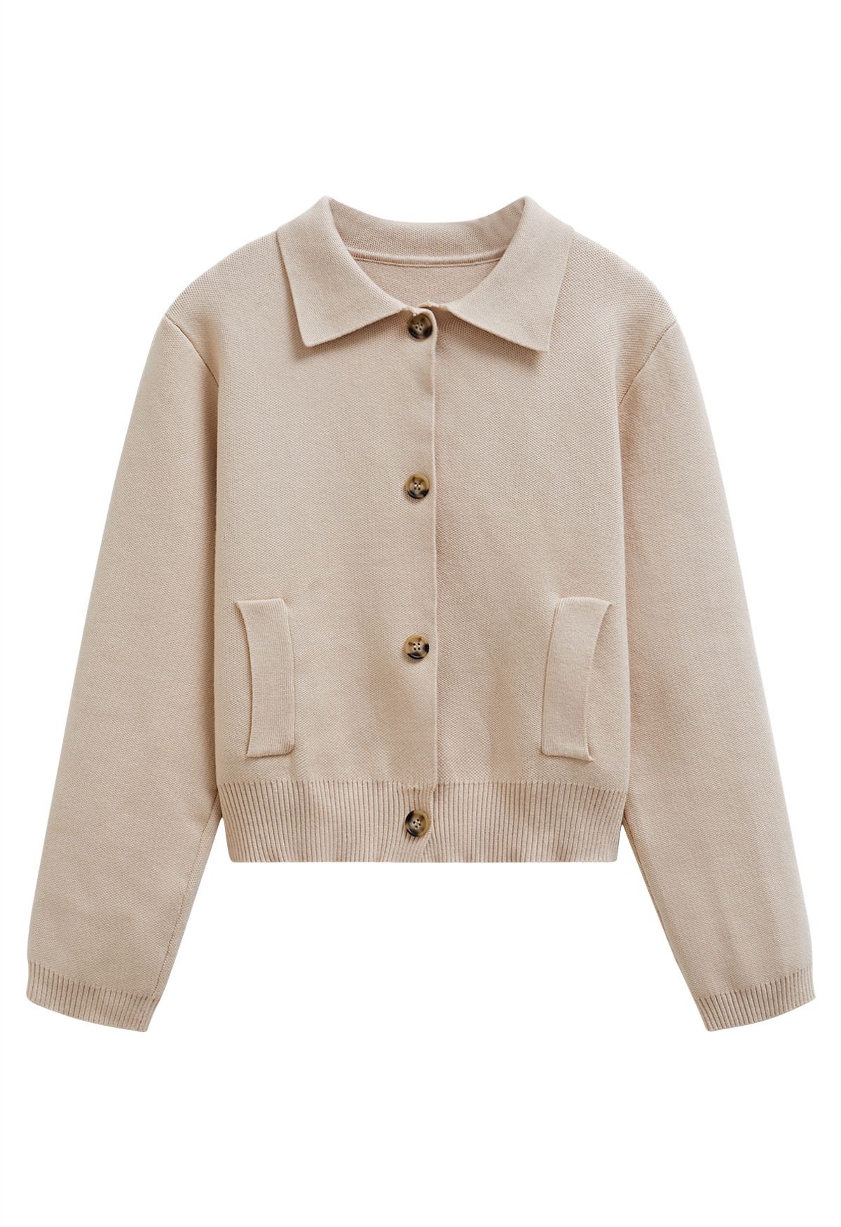 Classic Collar Button Down Knit Jacket in Light Tan