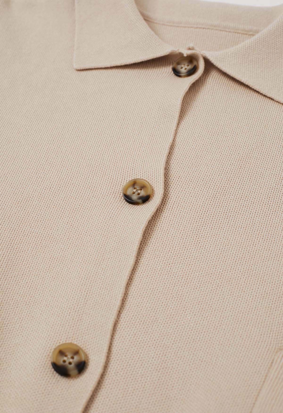 Classic Collar Button Down Knit Jacket in Light Tan