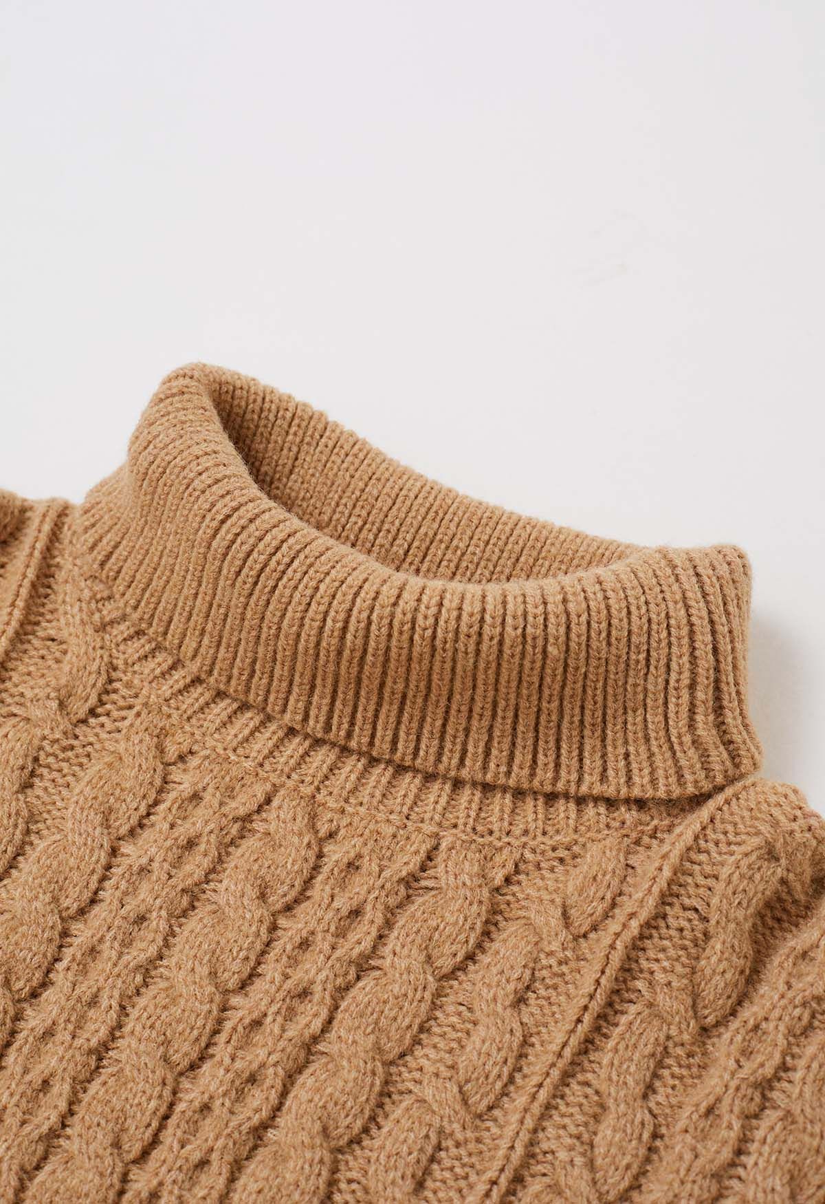 Warmth Turtleneck Cable Knit Cape Sweater in Camel