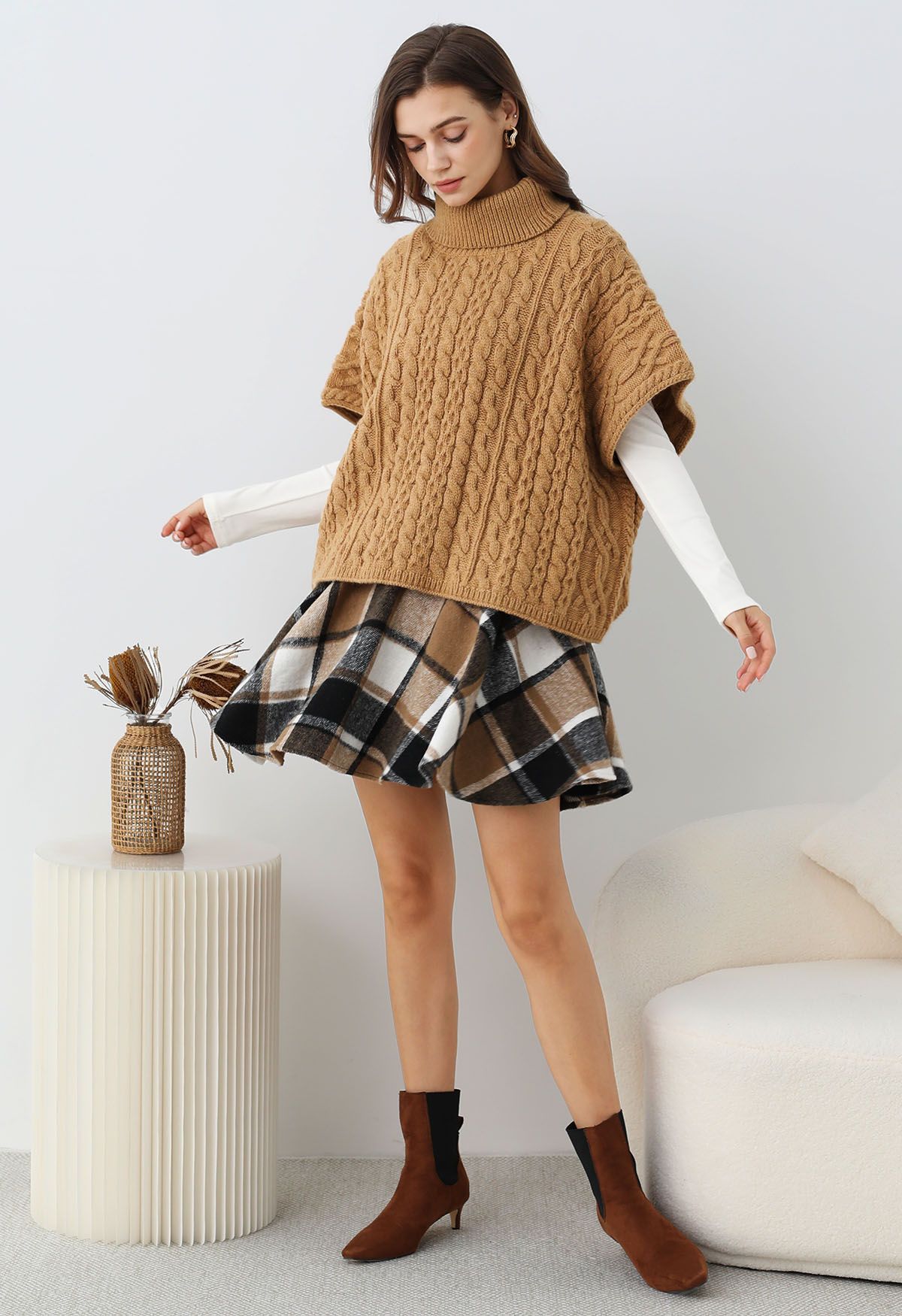 Warmth Turtleneck Cable Knit Cape Sweater in Camel