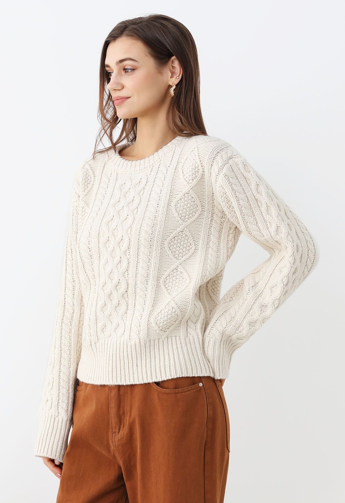 Hug-Me Cable Knit Crewneck Sweater in Ivory