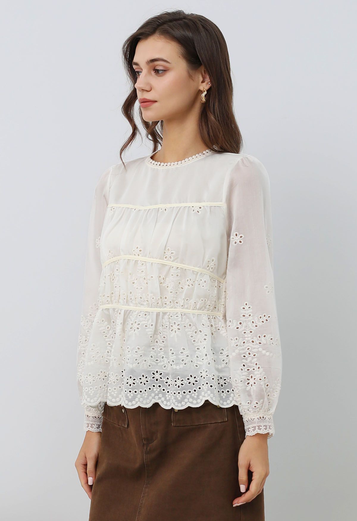 Eyelet Embroidery Peplum Long-Sleeve Top