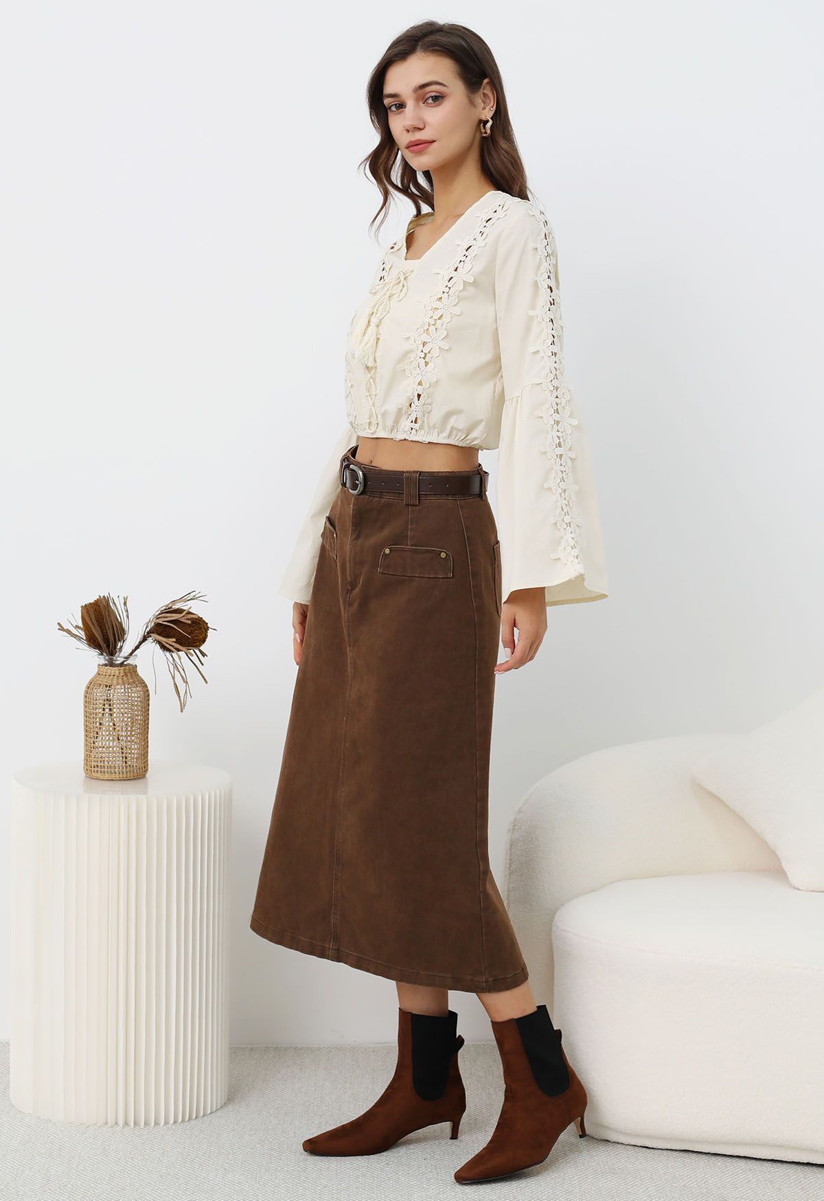 Utility Chic Belted Pocket Trim Denim Skirt in Brown