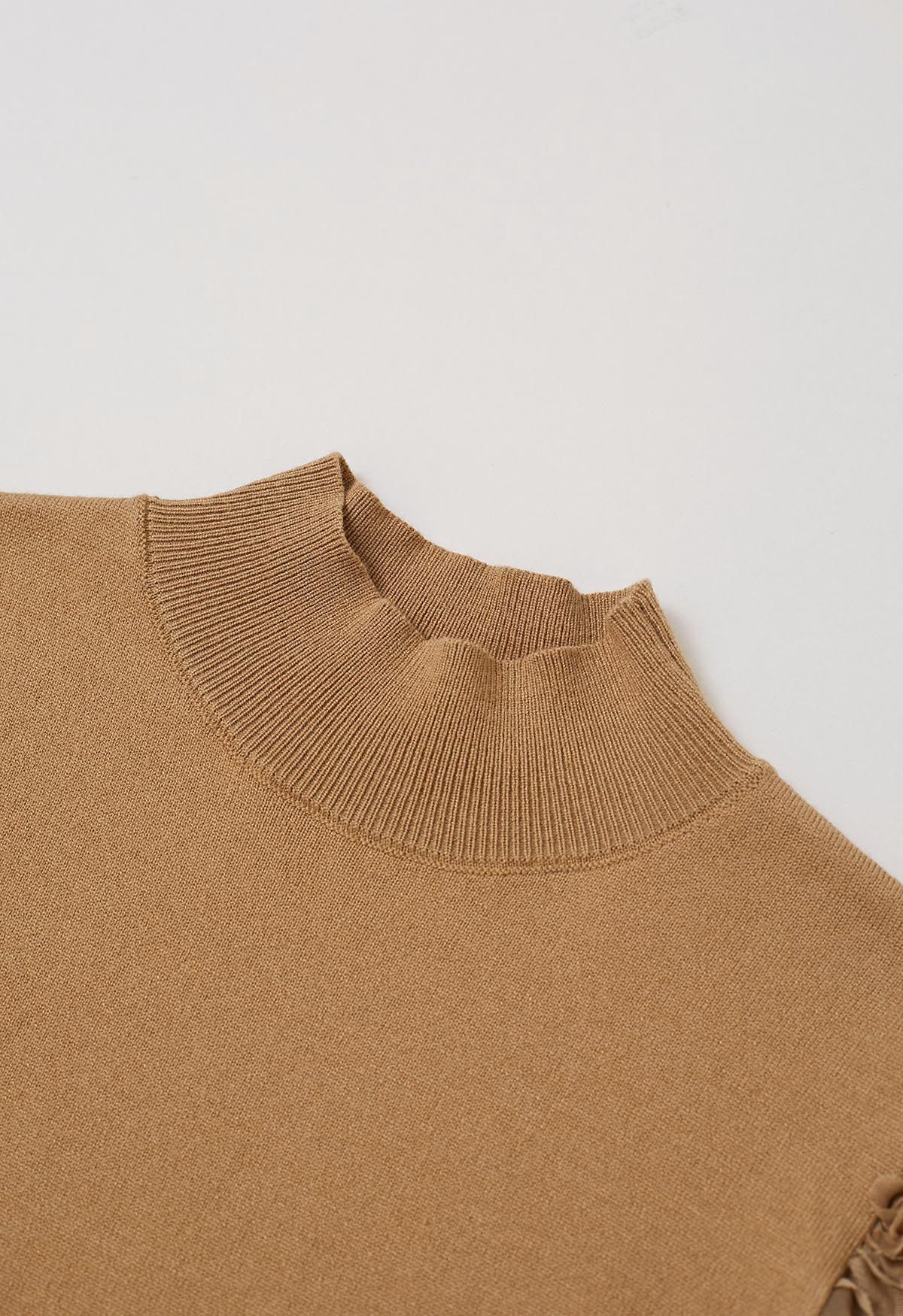 Rose Cotton Candy Spliced Sleeves Knit Top in Caramel