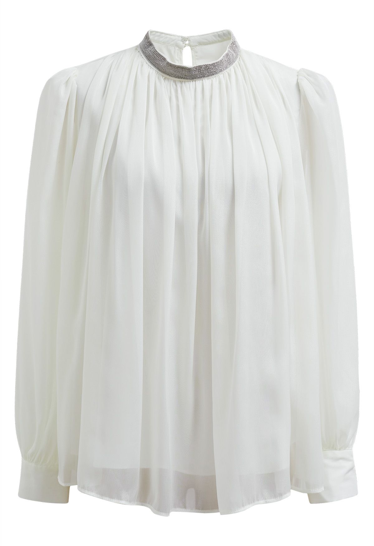 Sparkling Beaded Neckline Sheer Top in White