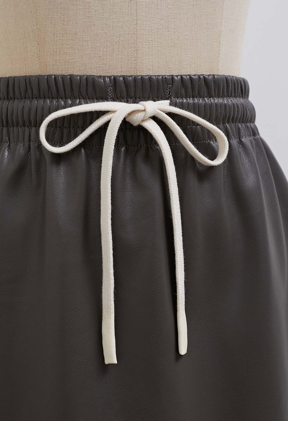 Faux Leather Drawstring Waist Mini Skirt in Smoke