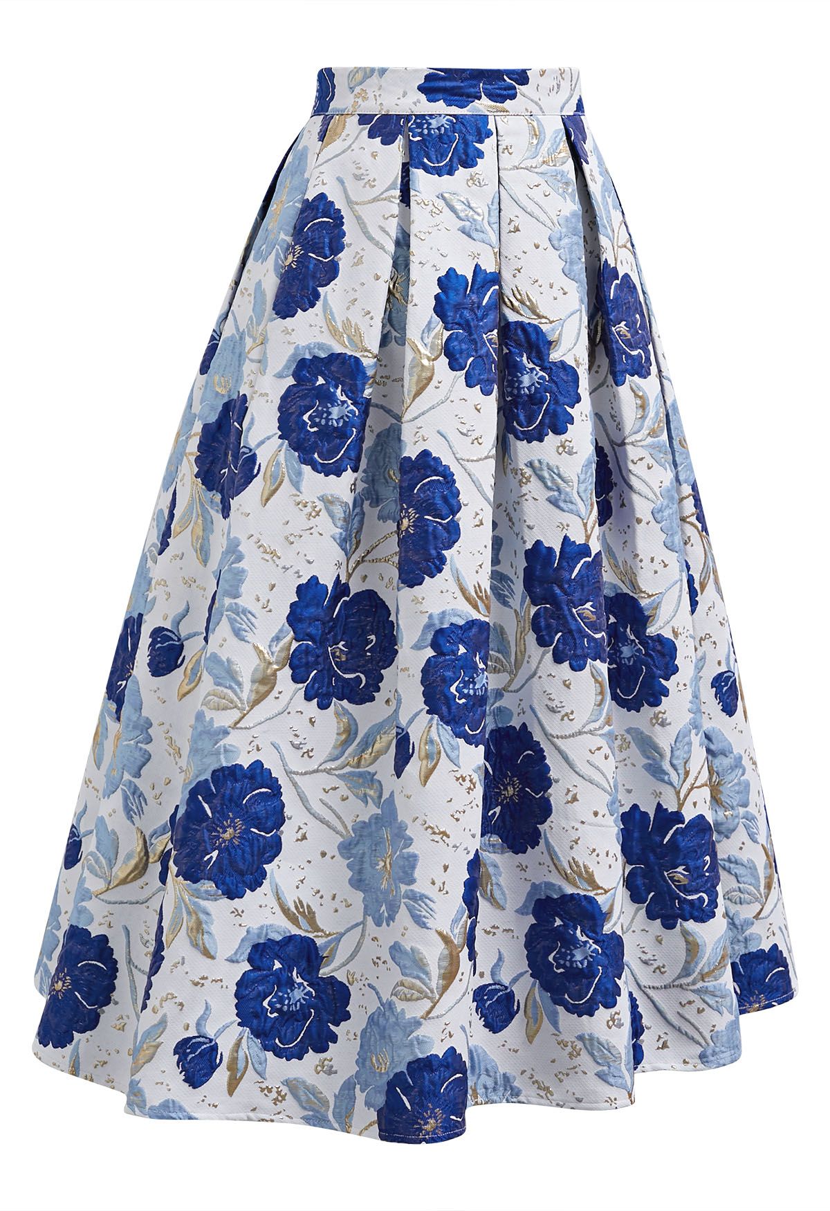 Ornate Floral Jacquard Pleated Flare Midi Skirt in Indigo