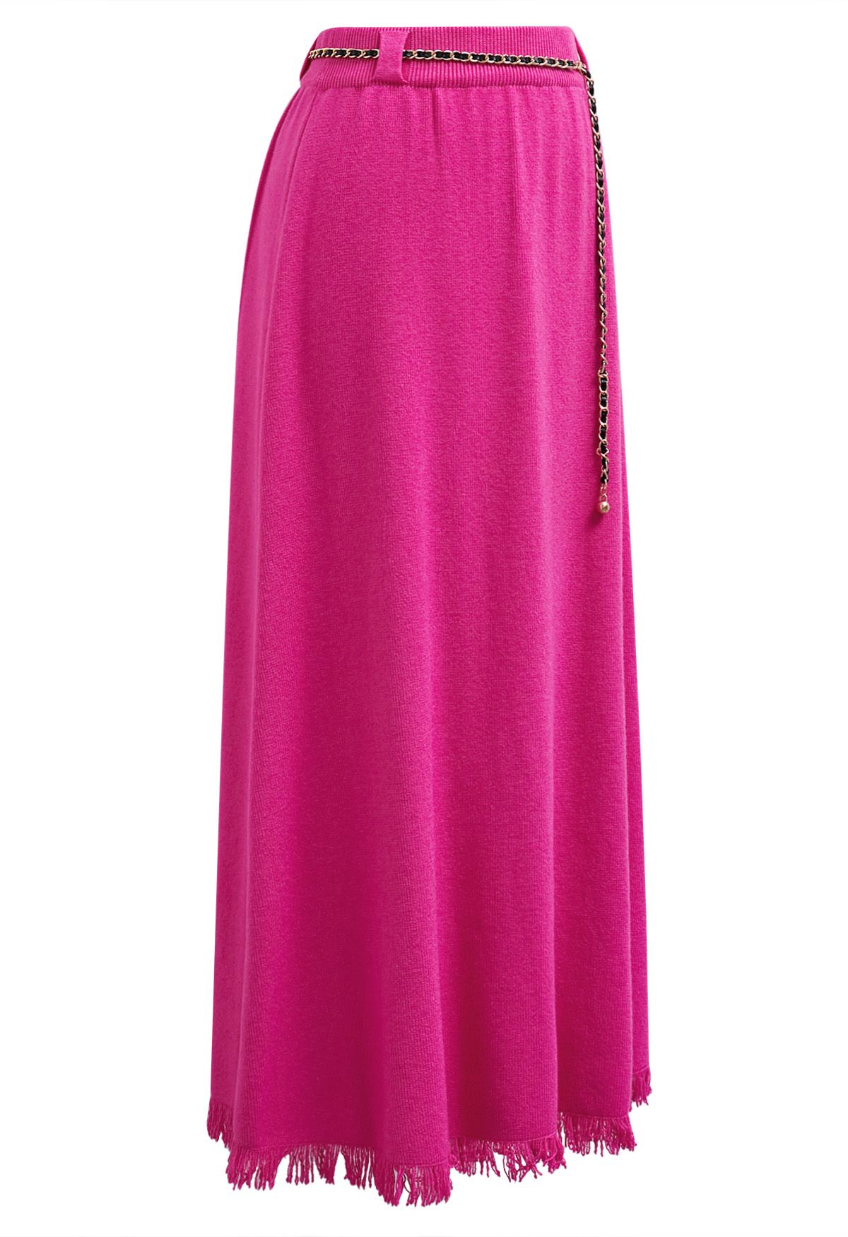 Chain Belt Fringe Hem Knit Maxi Skirt in Hot Pink