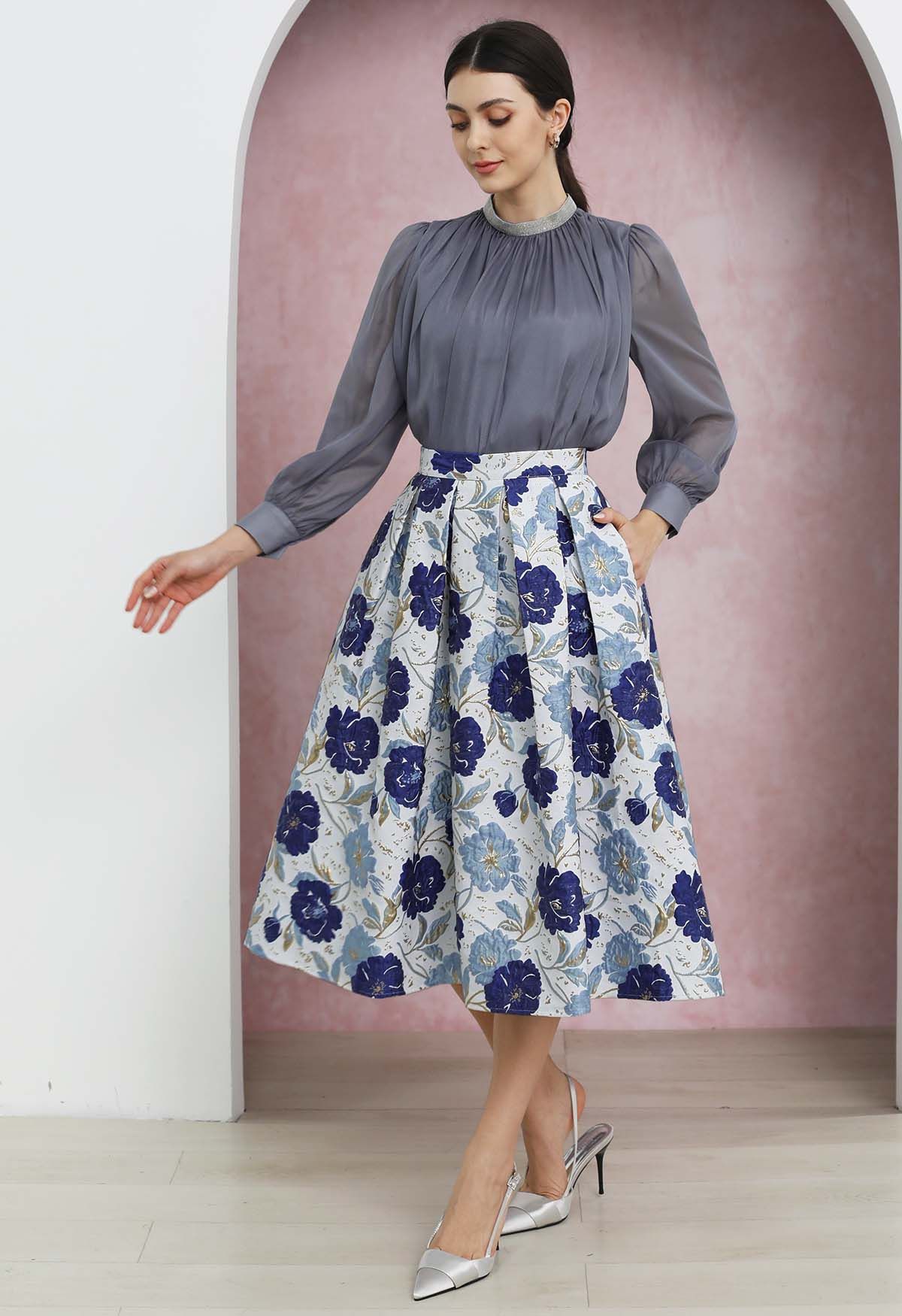 Ornate Floral Jacquard Pleated Flare Midi Skirt in Indigo