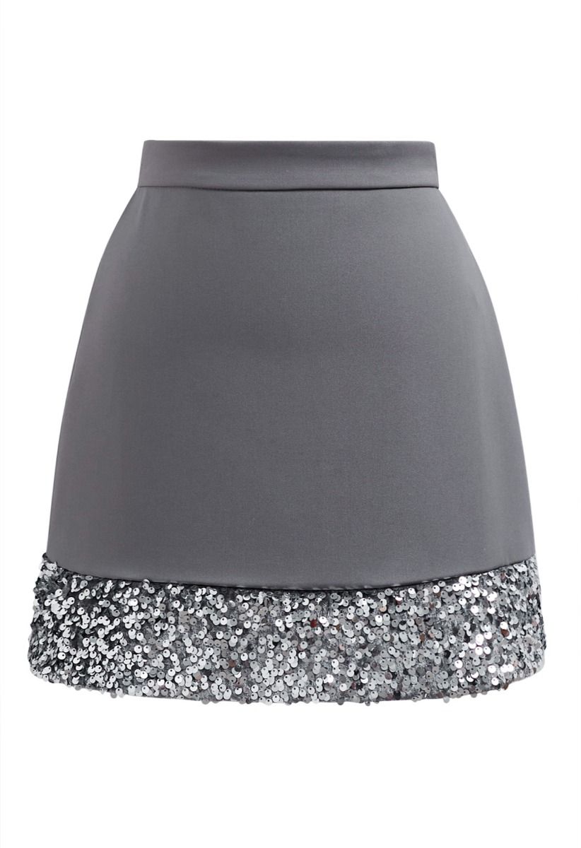 Shine Glamour Sequin Hem Mini Skirt in Grey