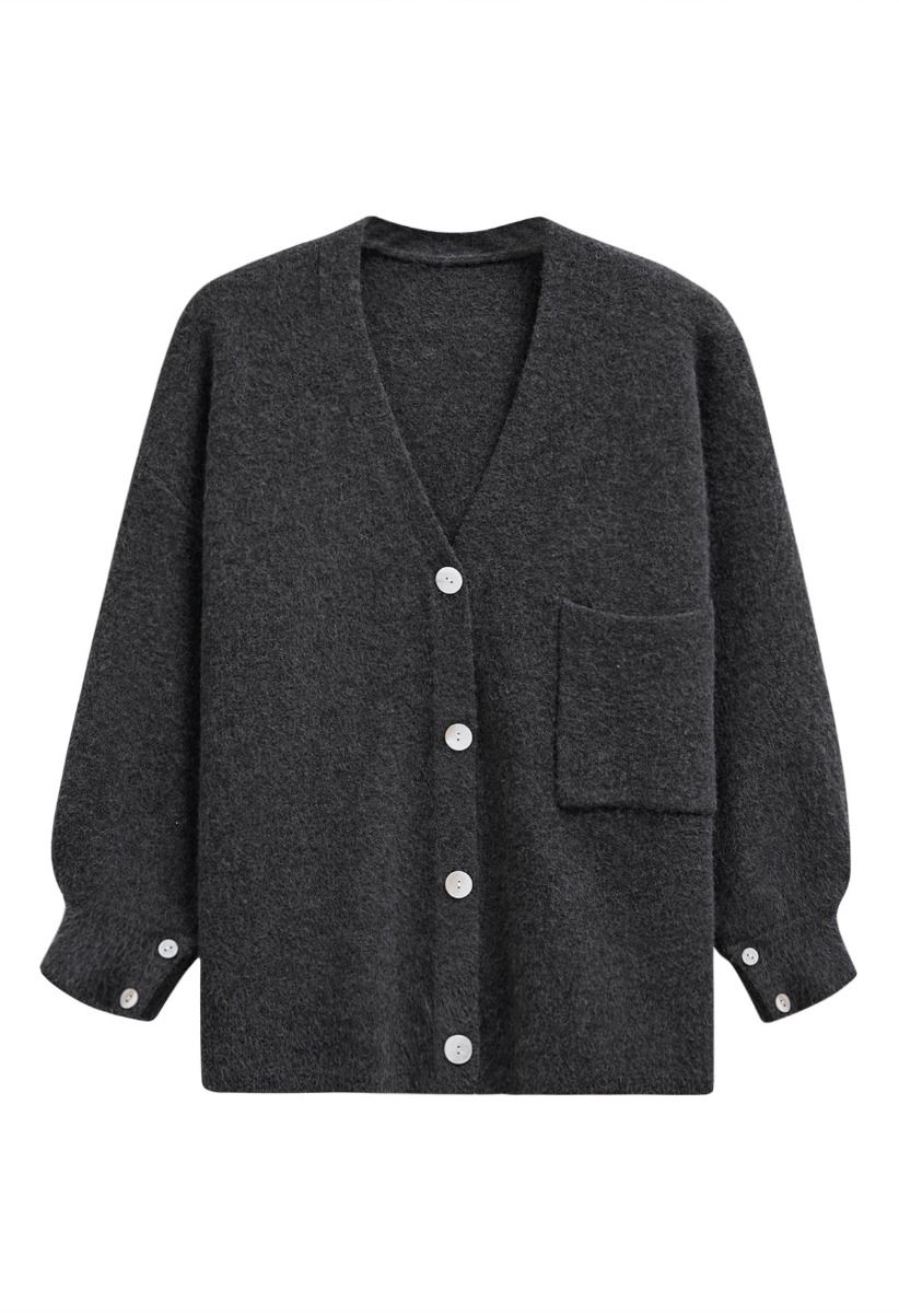 Relaxed Patch-Pocket Button Down Cardigan in Smoke