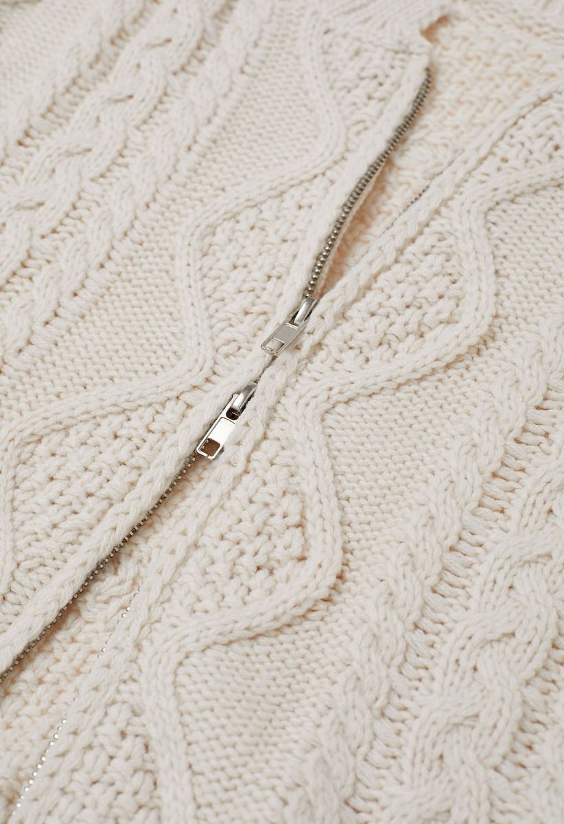 Raw Edge Cable Knit Zipper Crop Cardigan in Ivory