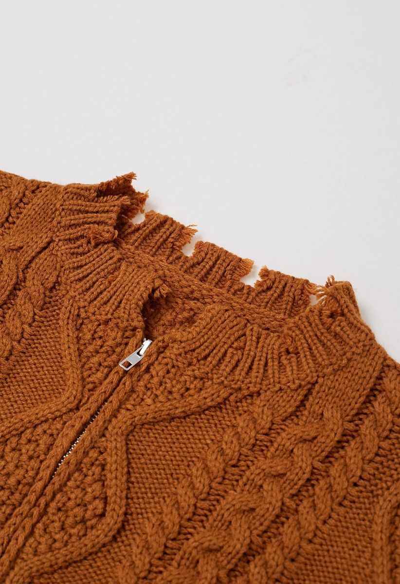 Raw Edge Cable Knit Zipper Crop Cardigan in Pumpkin