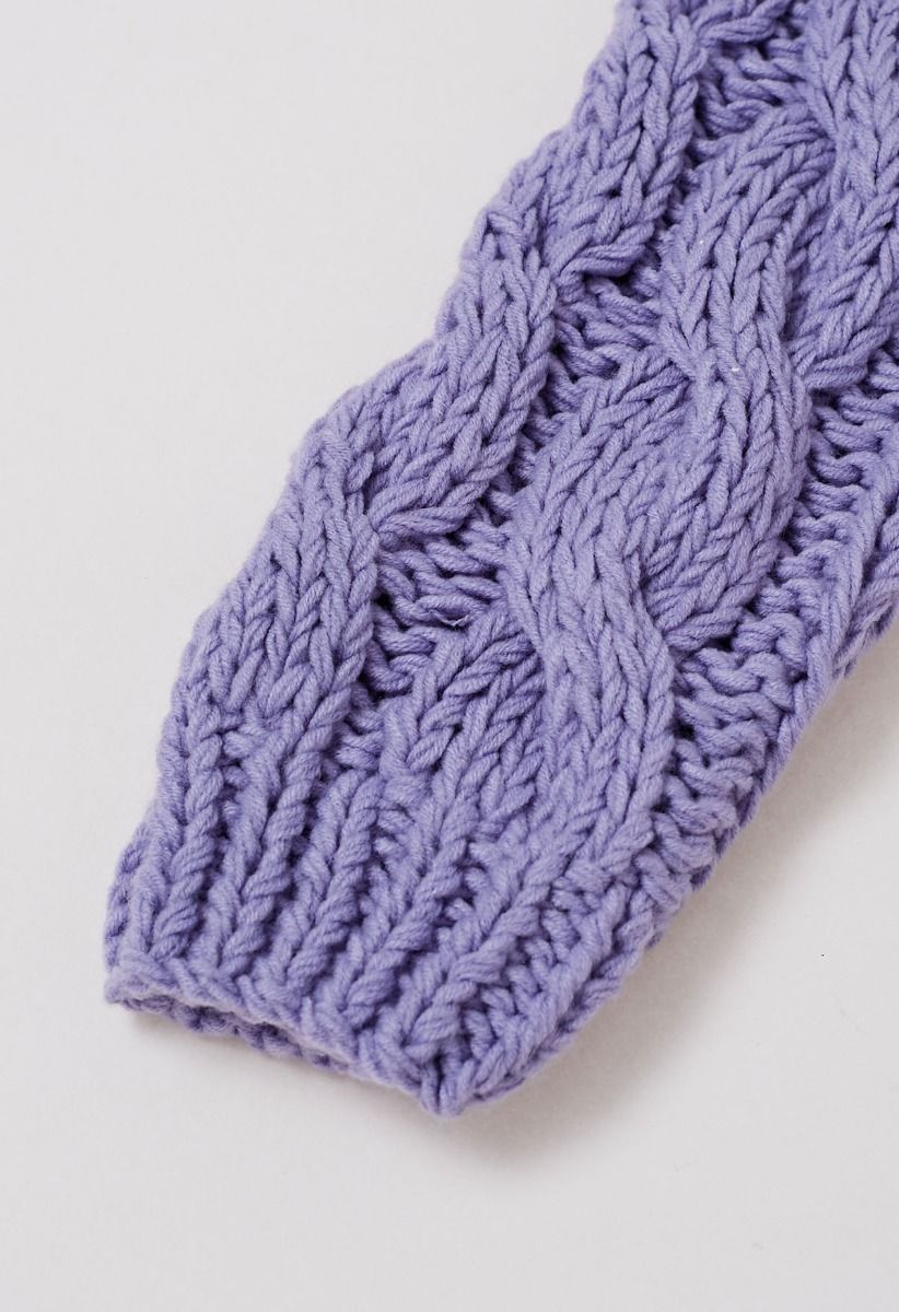 Collared V-Neck Chunky Cable-Knit Sweater in Lavender