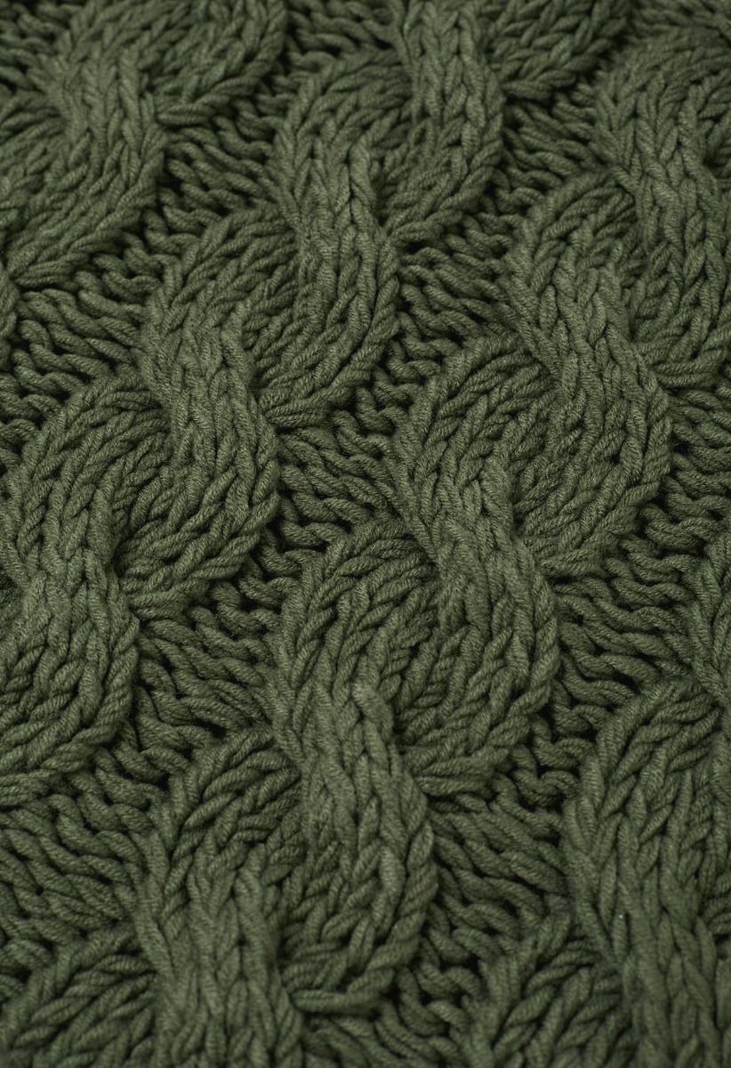 Collared V-Neck Chunky Cable-Knit Sweater in Army Green