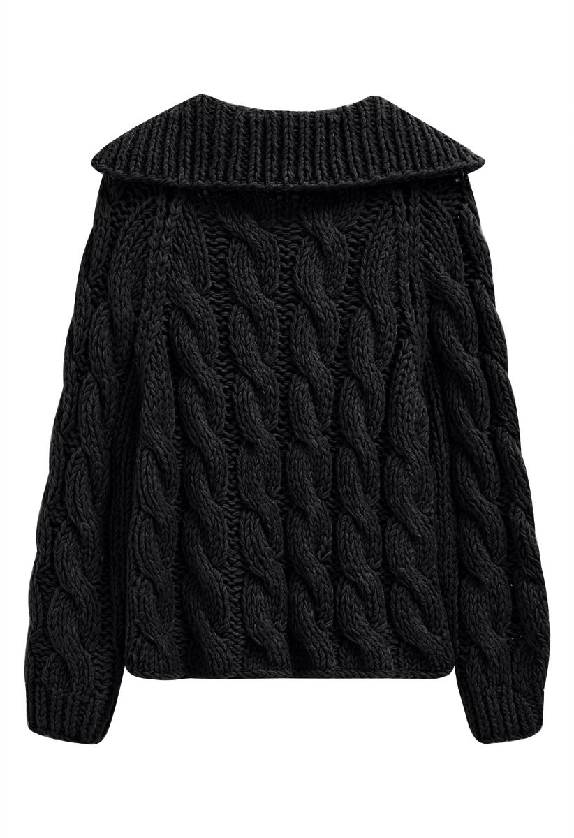 Collared V-Neck Chunky Cable-Knit Sweater in Black