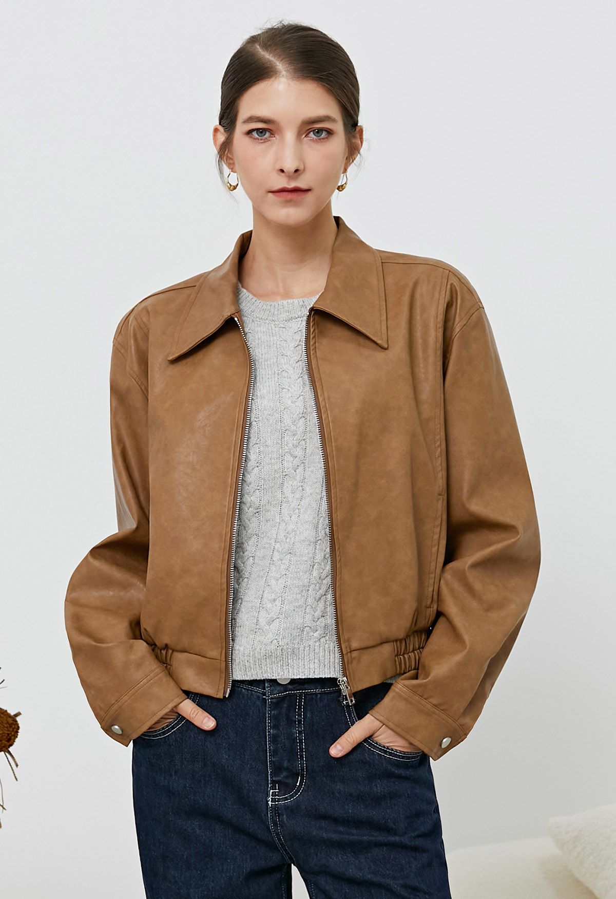 Point Collar Faux Leather Zipper Jacket in Caramel