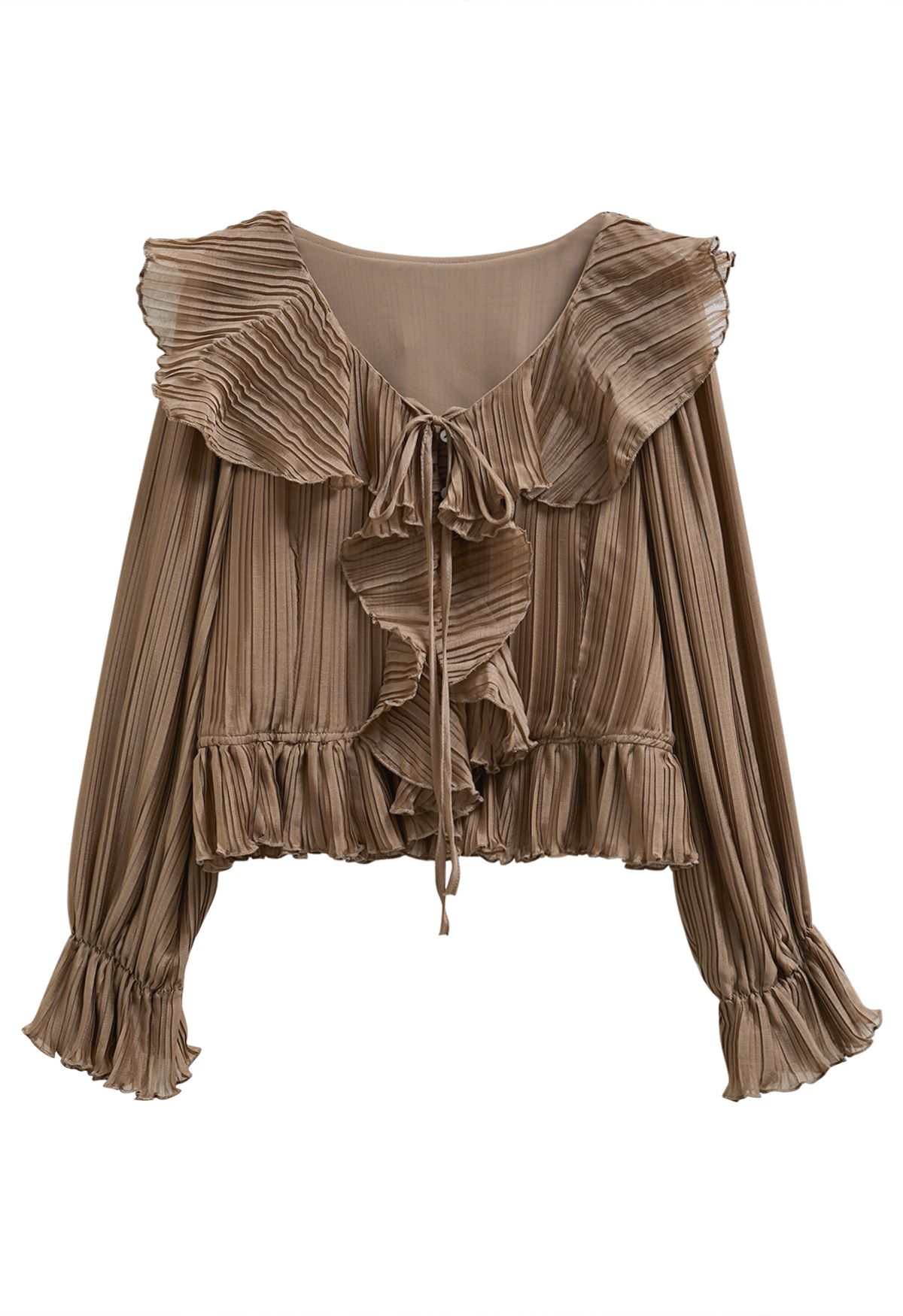 Dancing Ruffle Plisse Buttoned Cropped Top in Tan