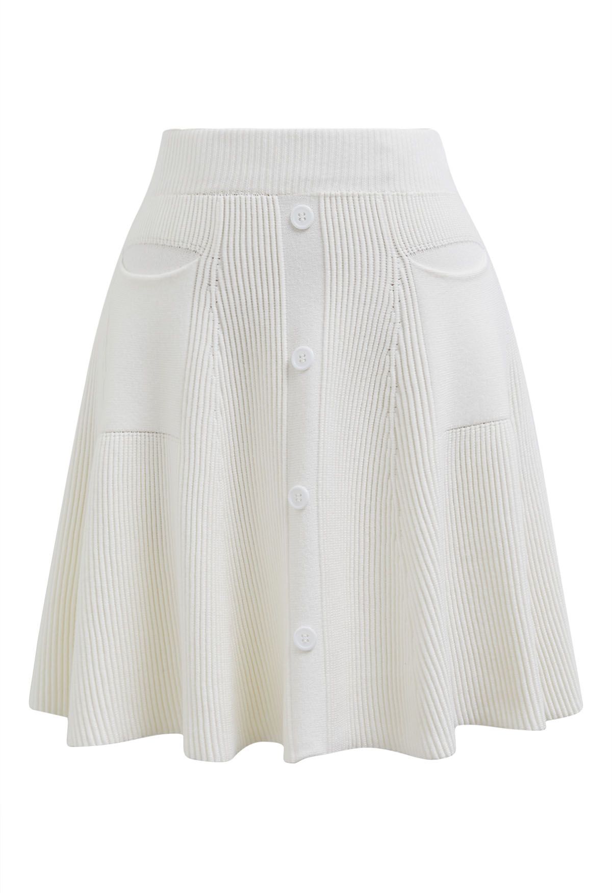 Patch Pockets Button Trim Knit Mini Skirt in White