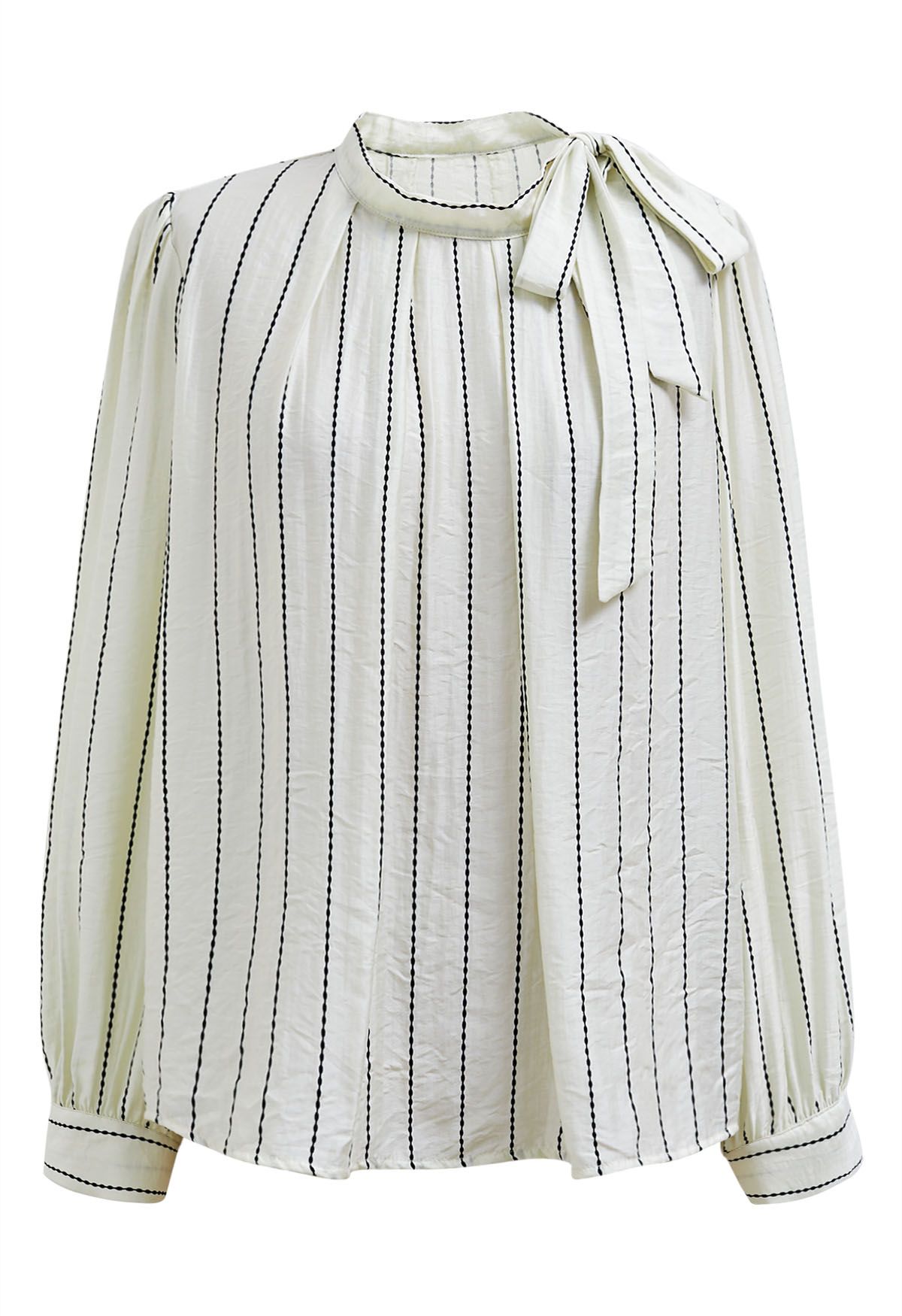 Striped Tie Neck Puff Sleeve Pleats Shirt in White