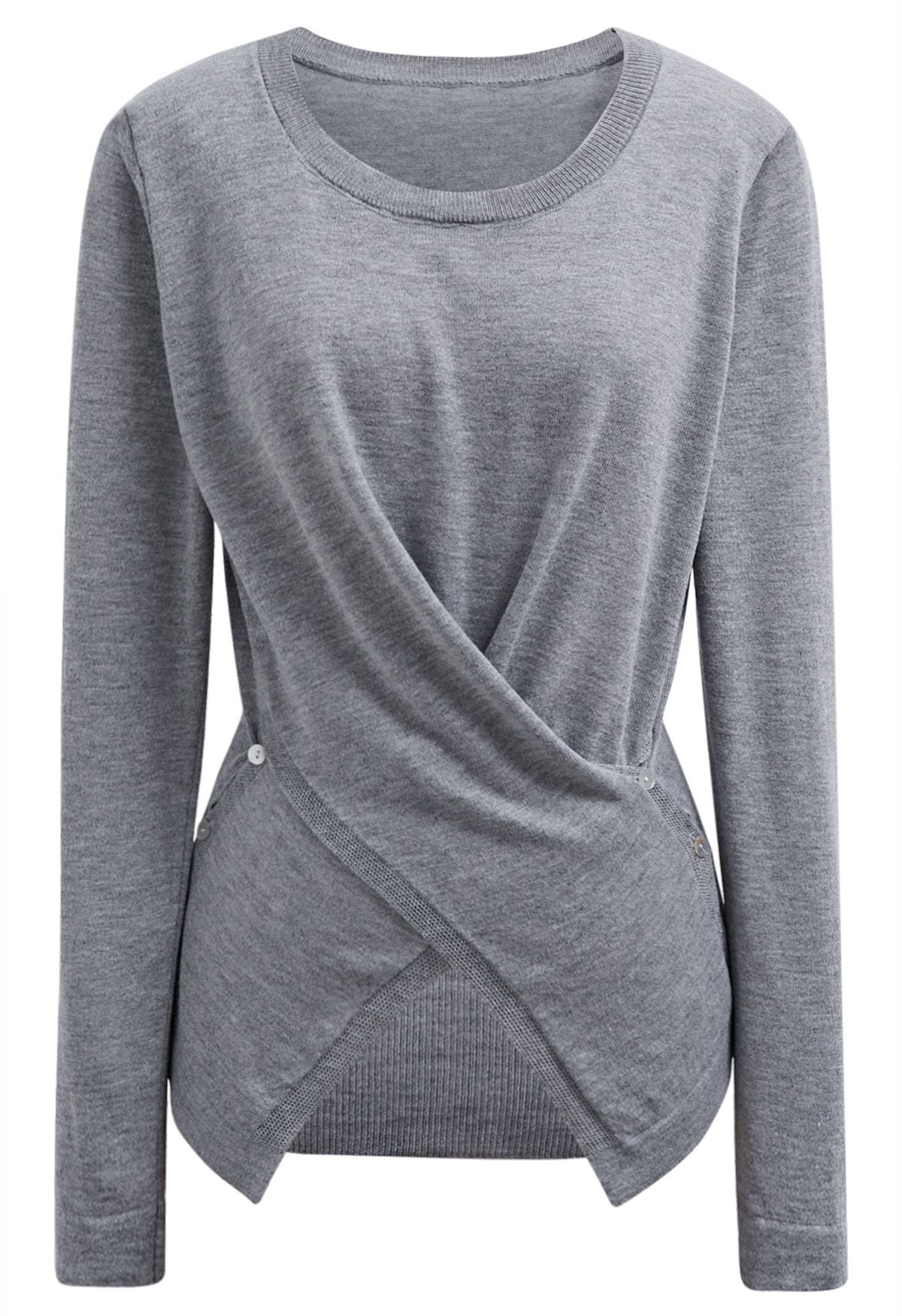 Fascinating Crisscross Buttoned Knit Top in Grey