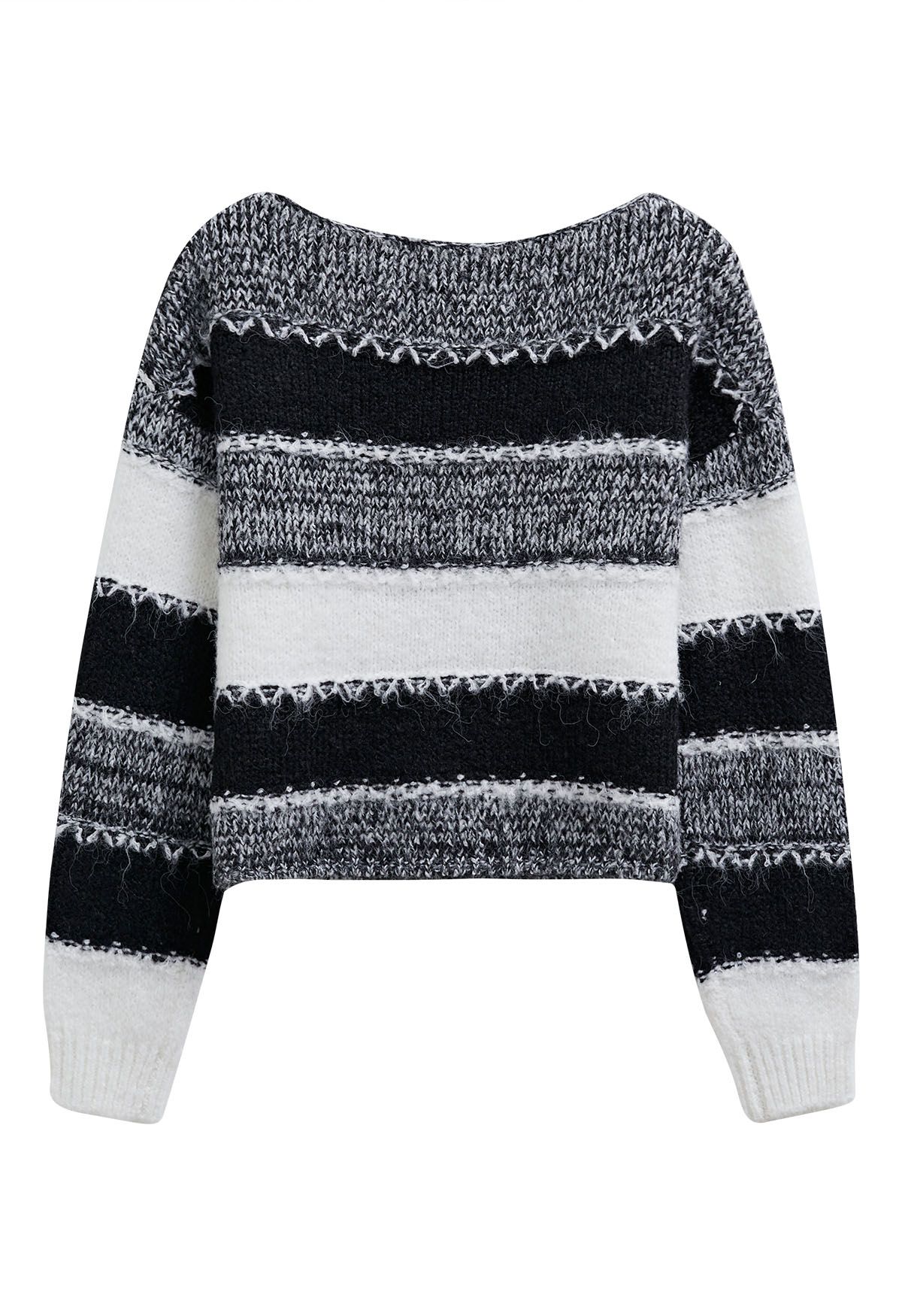 Fair Isle Stripe Cropped Knit Sweater in Black