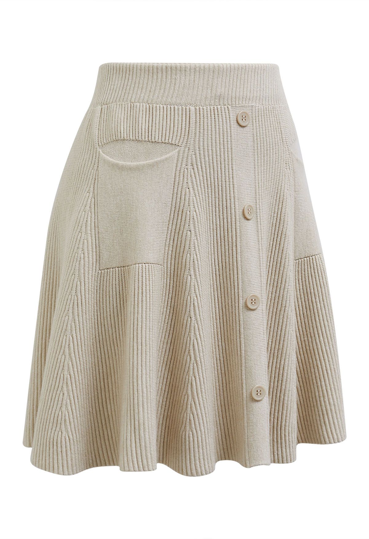 Patch Pockets Button Trim Knit Mini Skirt in Sand