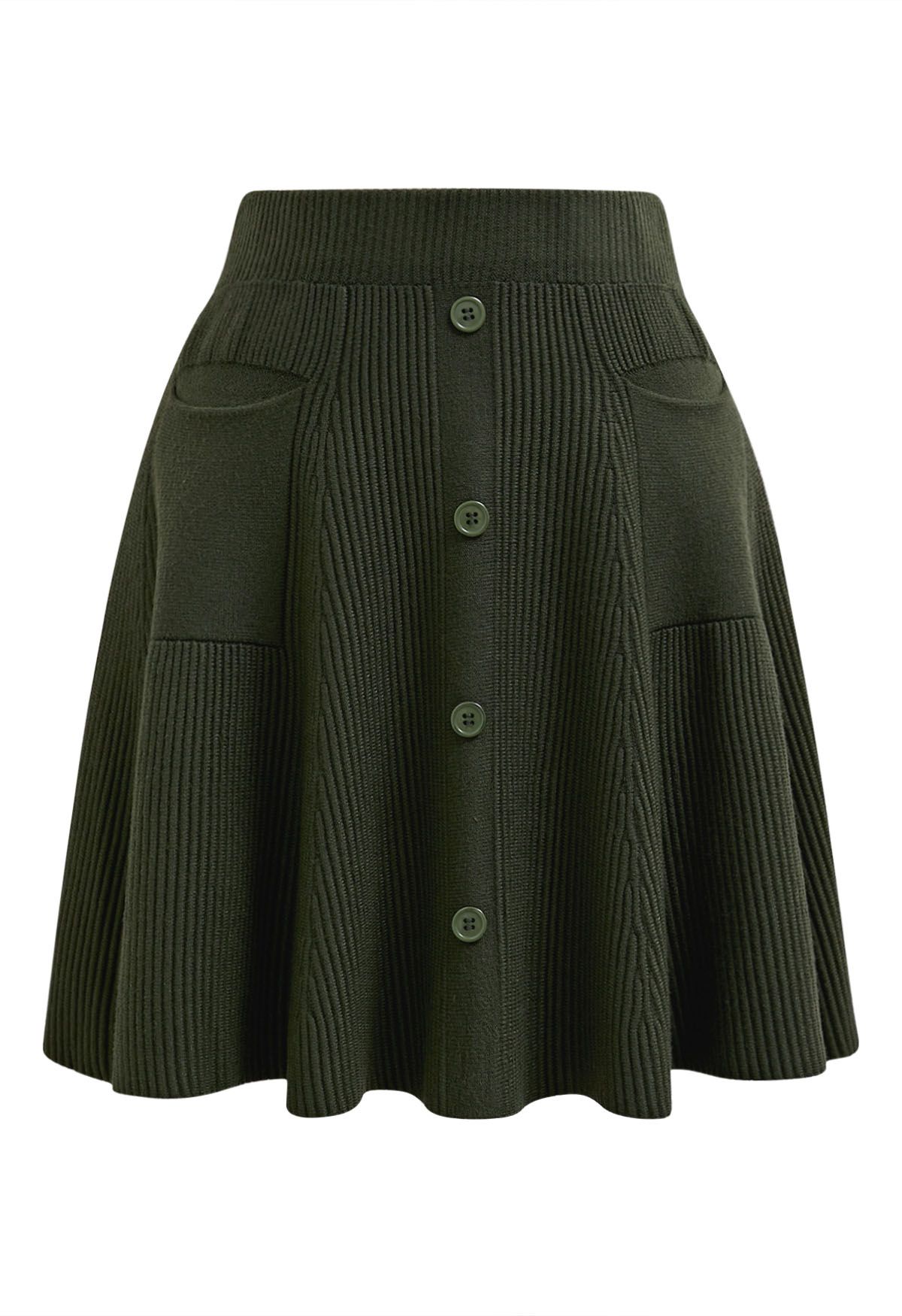 Patch Pockets Button Trim Knit Mini Skirt in Army Green