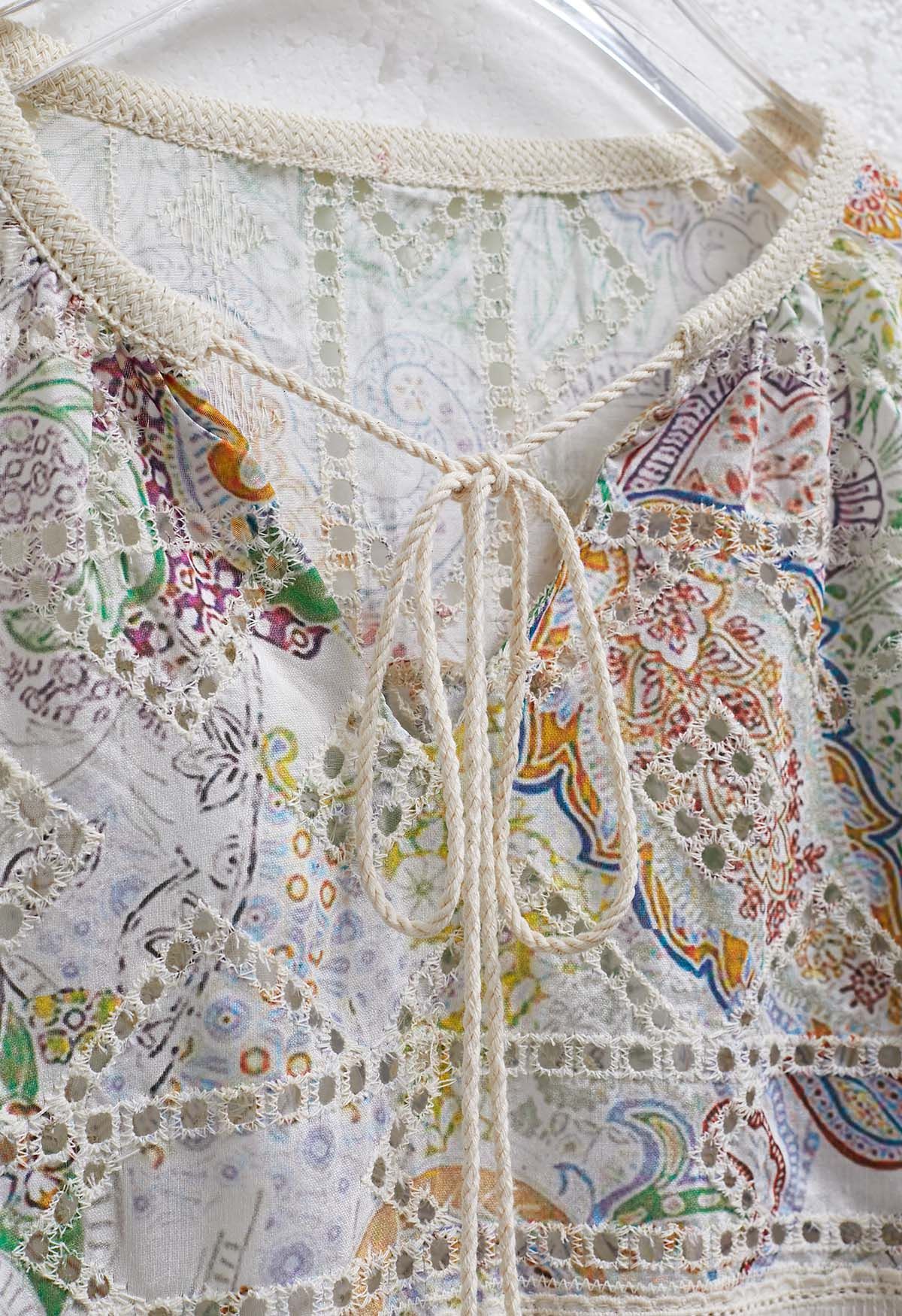 Colorful Garden Eyelet Embroidery Peasant Top