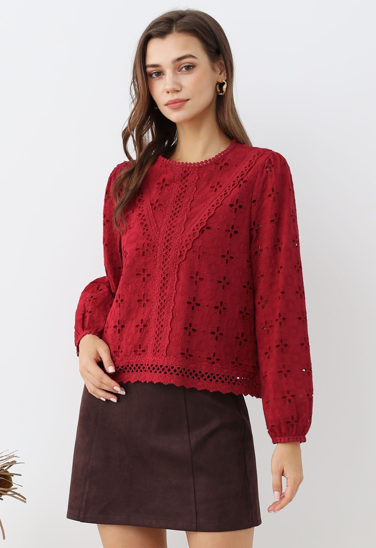 Intricate Petals Eyelet Embroidery Cotton Top in Red